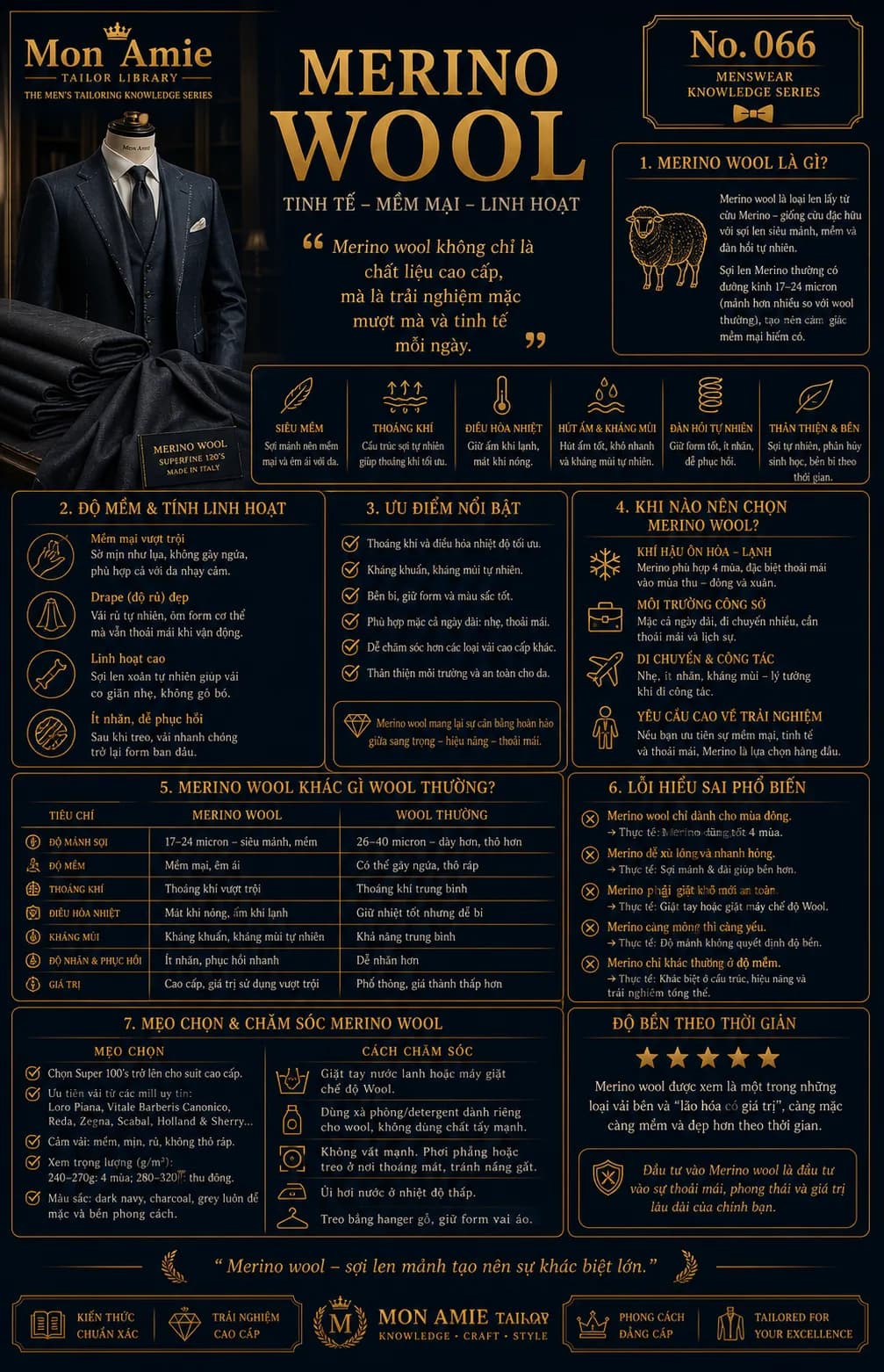 Poster Tailor Library số 66 của Mon Amie về Merino Wool: đặc tính, so sánh với wool thường và cách chăm sóc