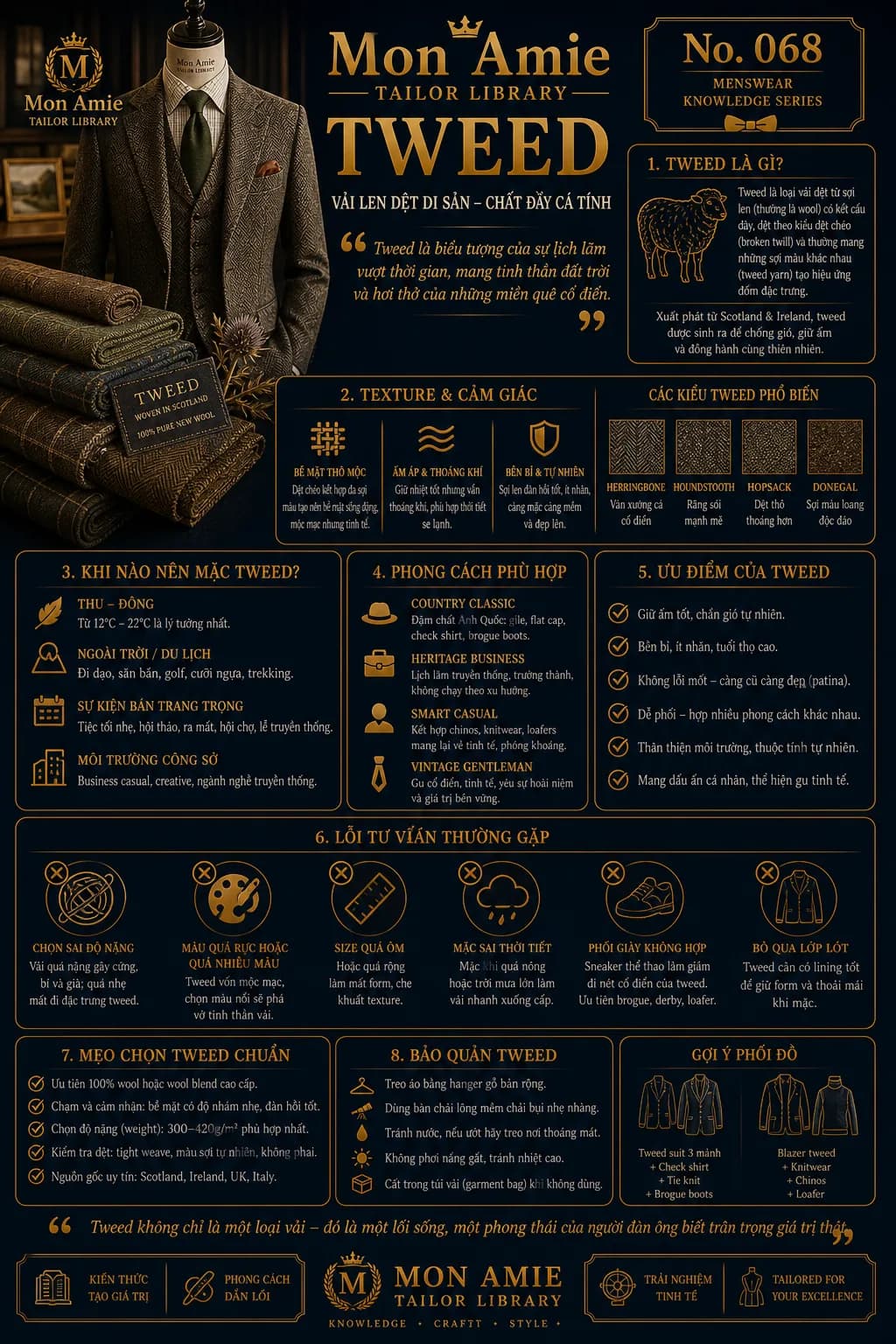 Poster Tailor Library số 68 của Mon Amie về TWEED: định nghĩa, texture, các kiểu tweed phổ biến, cách mặc và bảo quản