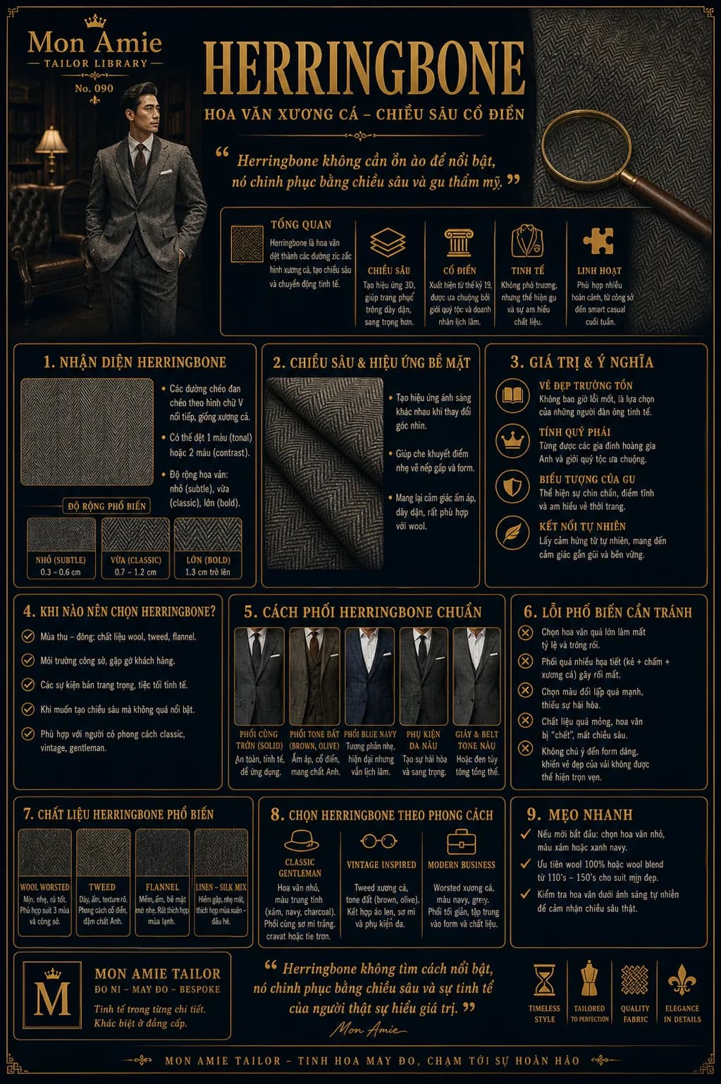 Poster Tailor Library số 90 của Mon Amie về Herringbone: nhận diện hoa văn xương cá, cách phối và chất liệu phổ biến