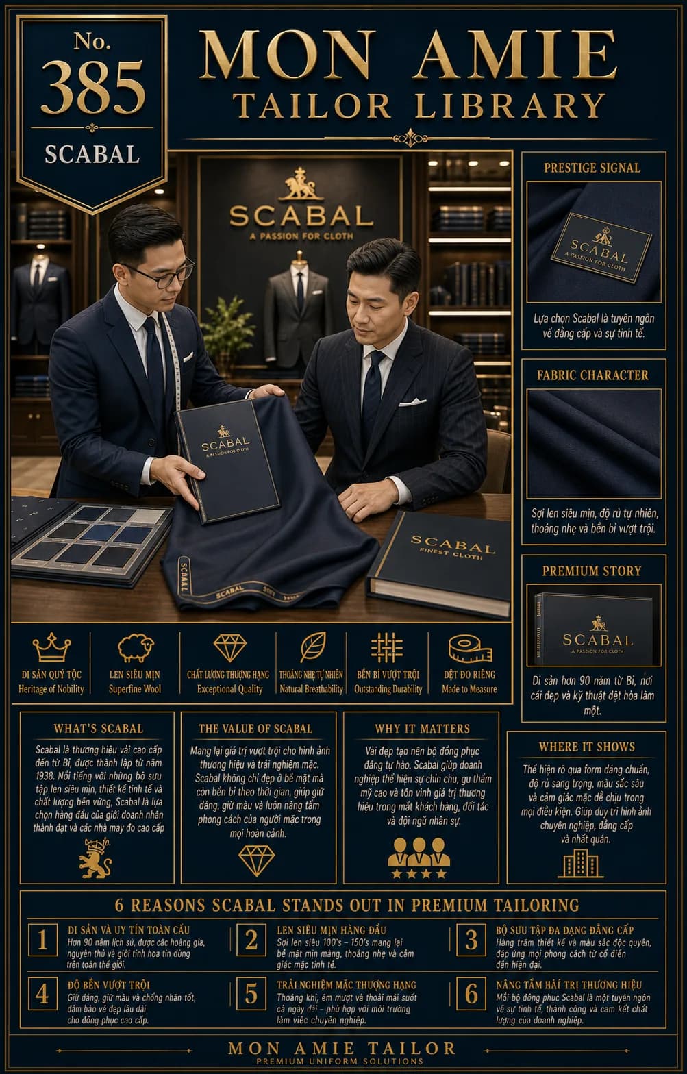 Poster Tailor Library số 385 của Mon Amie về Scabal: nghệ nhân giới thiệu cuộn vải và bảng mẫu Scabal cho khách tại showroom