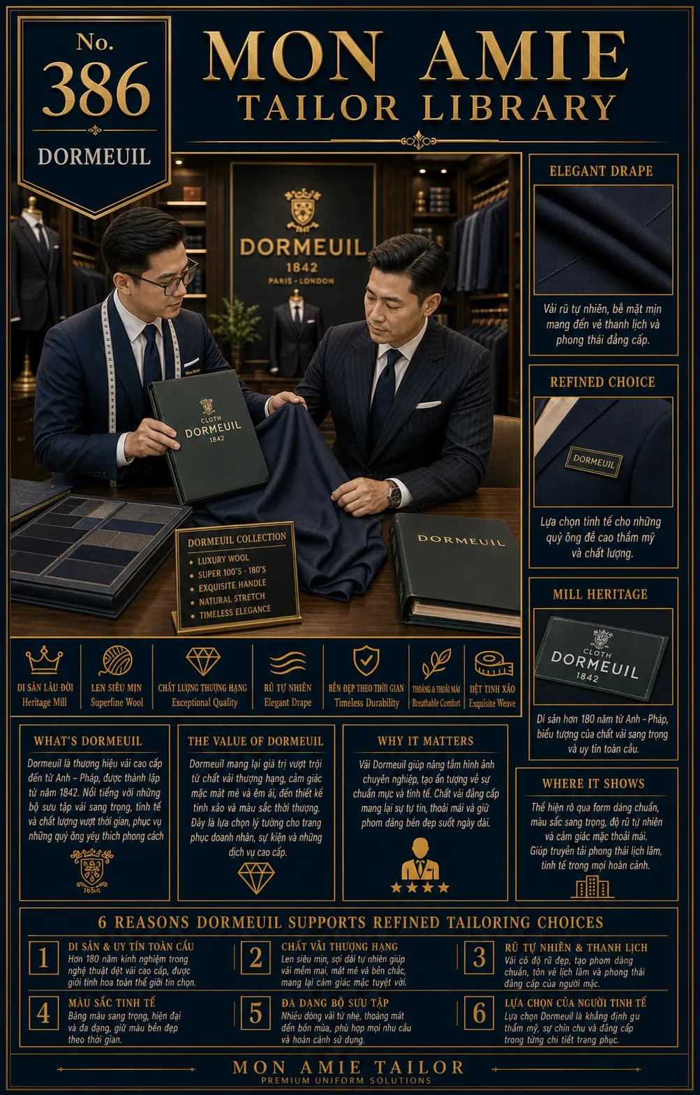 Poster Tailor Library số 386 của Mon Amie về Dormeuil: nghệ nhân trình bày sách vải và cuộn vải Dormeuil cho khách tại showroom