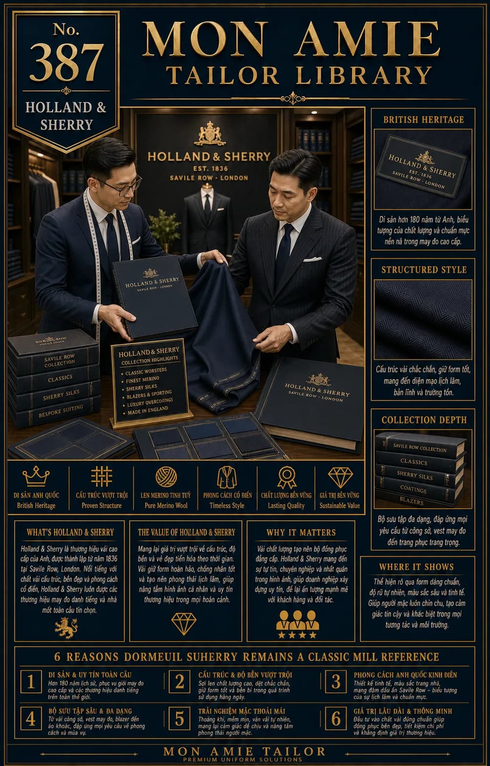 Poster Tailor Library số 387 của Mon Amie về Holland & Sherry: nghệ nhân giới thiệu sách vải Savile Row Collection và cuộn vải navy cho khách