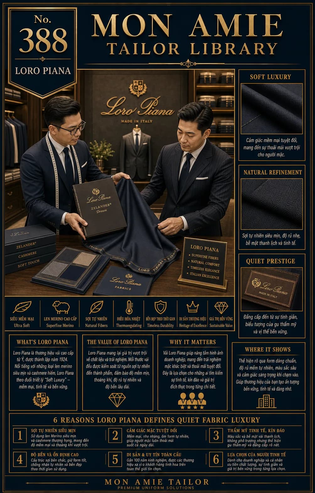 Poster Tailor Library số 388 của Mon Amie về Loro Piana: nghệ nhân giới thiệu sách vải Zelander Dream và cuộn vải navy cho khách