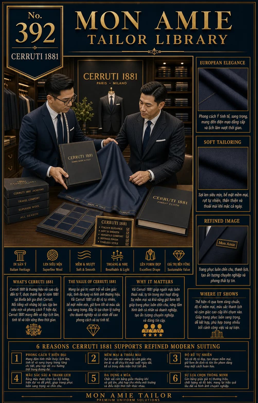 Poster Tailor Library số 392 của Mon Amie về vải Cerruti 1881: nghệ nhân giới thiệu sổ vải Cerruti 1881 dệt tại Ý