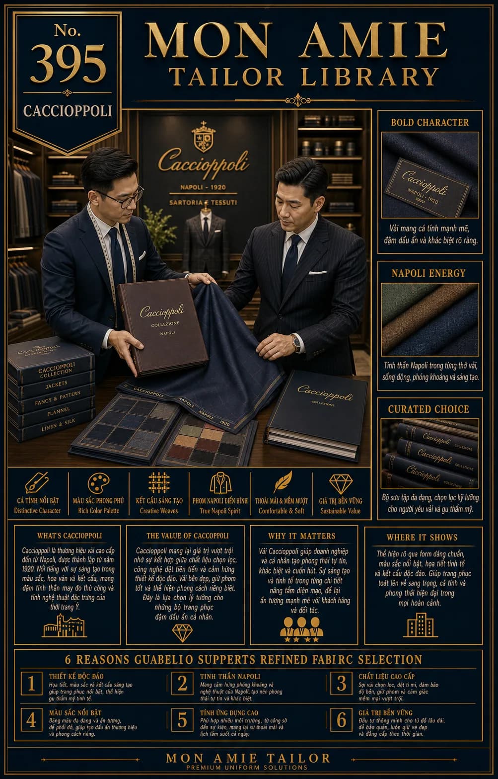Poster Tailor Library số 395 của Mon Amie về vải Caccioppoli: nghệ nhân giới thiệu bộ sưu tập vải Napoli với các quyển mẫu Jackets, Fancy & Pattern, Flannel, Linen & Silk