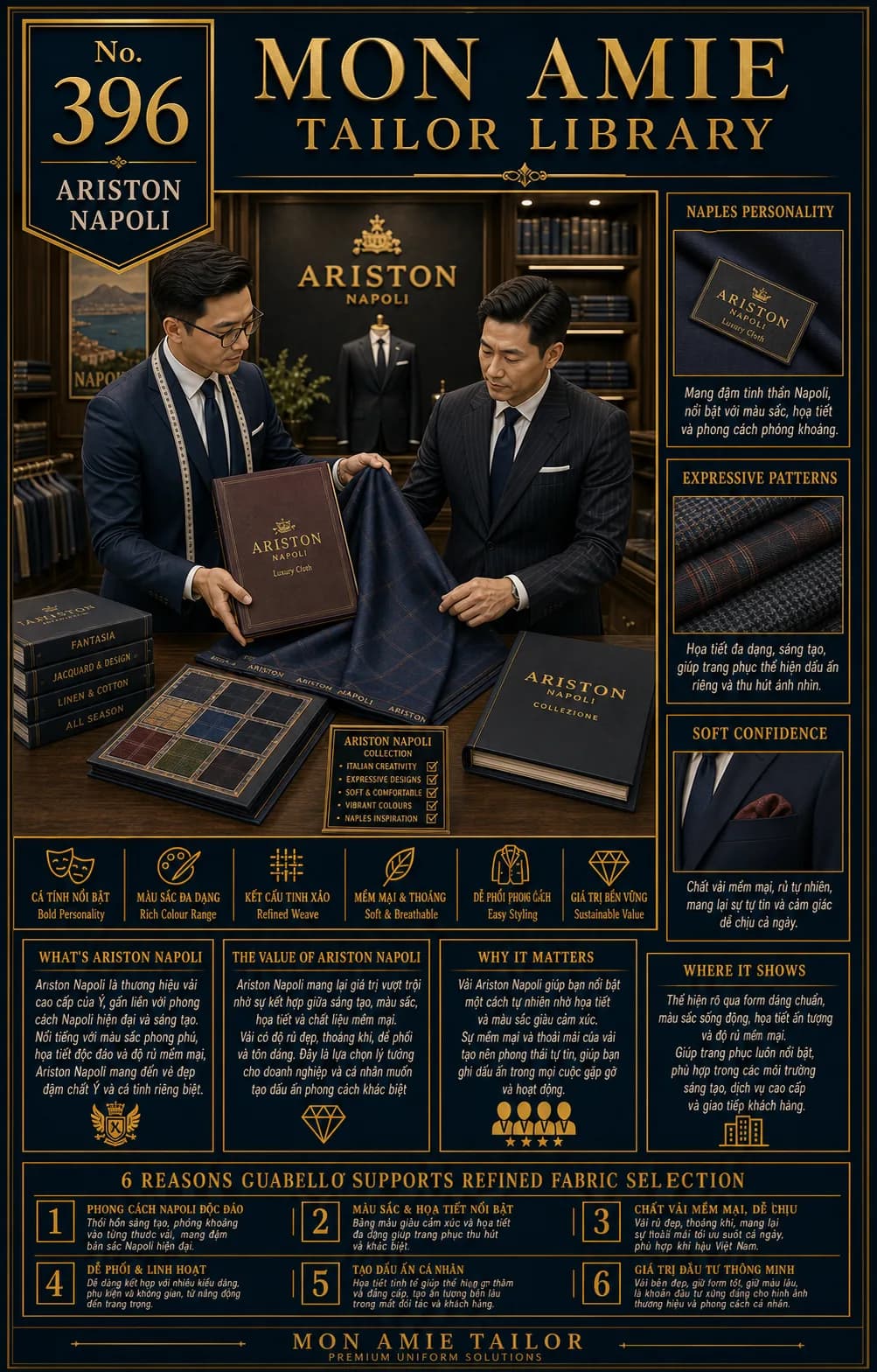 Poster Tailor Library số 396 của Mon Amie về vải Ariston Napoli: nghệ nhân giới thiệu các quyển mẫu Fantasia, Jacquard & Design, Linen & Cotton, All Season