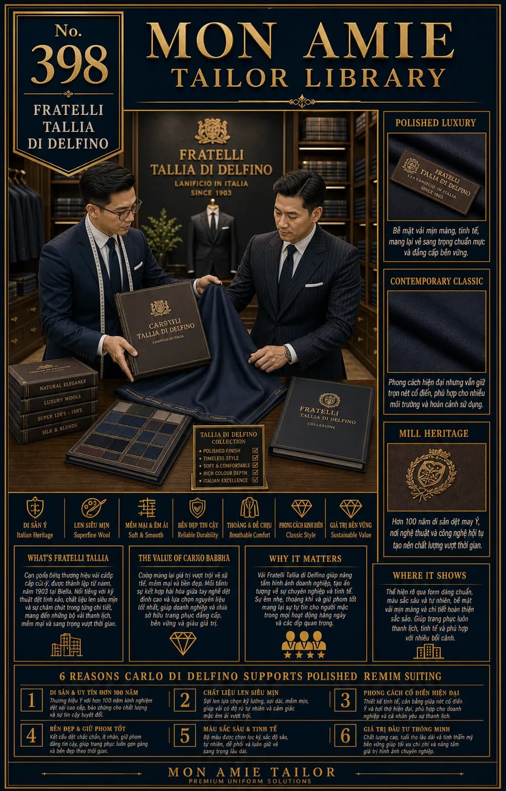 Poster Tailor Library số 398 của Mon Amie về vải Fratelli Tallia di Delfino: nghệ nhân giới thiệu quyển mẫu Natural Elegance, Luxury Wools, Super 120's-150's, Silk & Blends