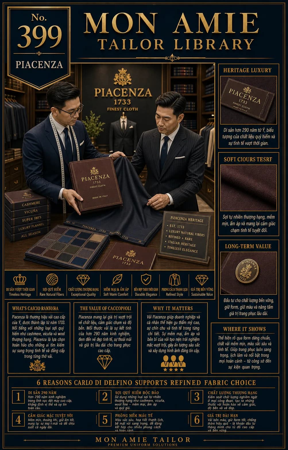Poster Tailor Library số 399 của Mon Amie về vải Piacenza: nghệ nhân giới thiệu quyển mẫu Cashmere, Vicuña, Super 180's, Luxury Flannel, All Season