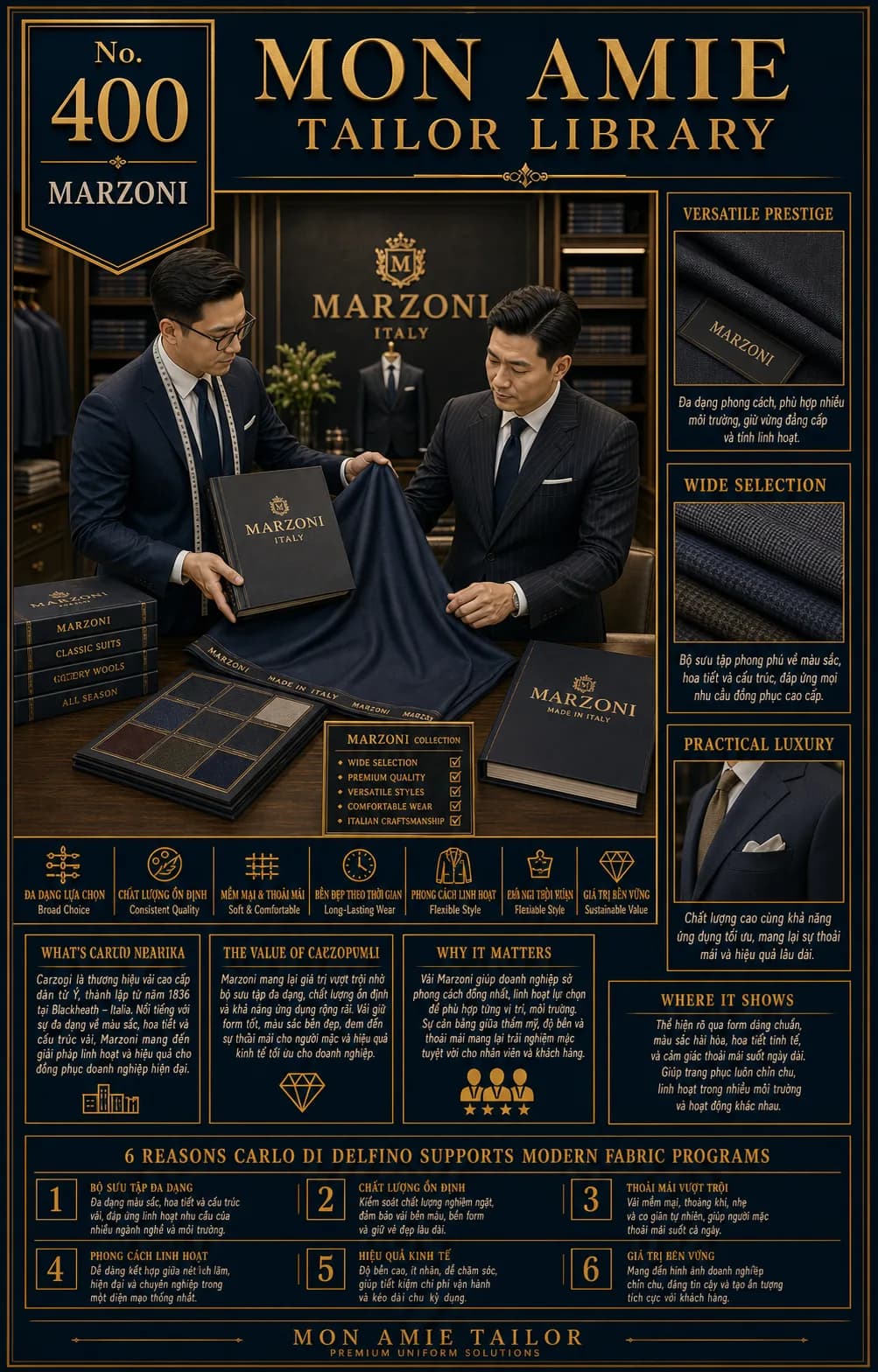 Poster Tailor Library số 400 của Mon Amie về vải Marzoni: hai quý ông xem sổ vải Marzoni Italy trong showroom