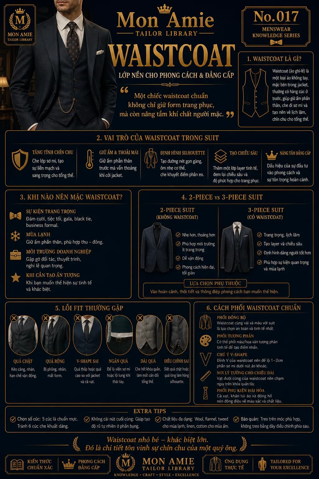 Poster Tailor Library số 17 của Mon Amie về Waist Coat: định nghĩa, vai trò, so sánh suit 2 mảnh và 3 mảnh, lỗi fit và cách phối waistcoat