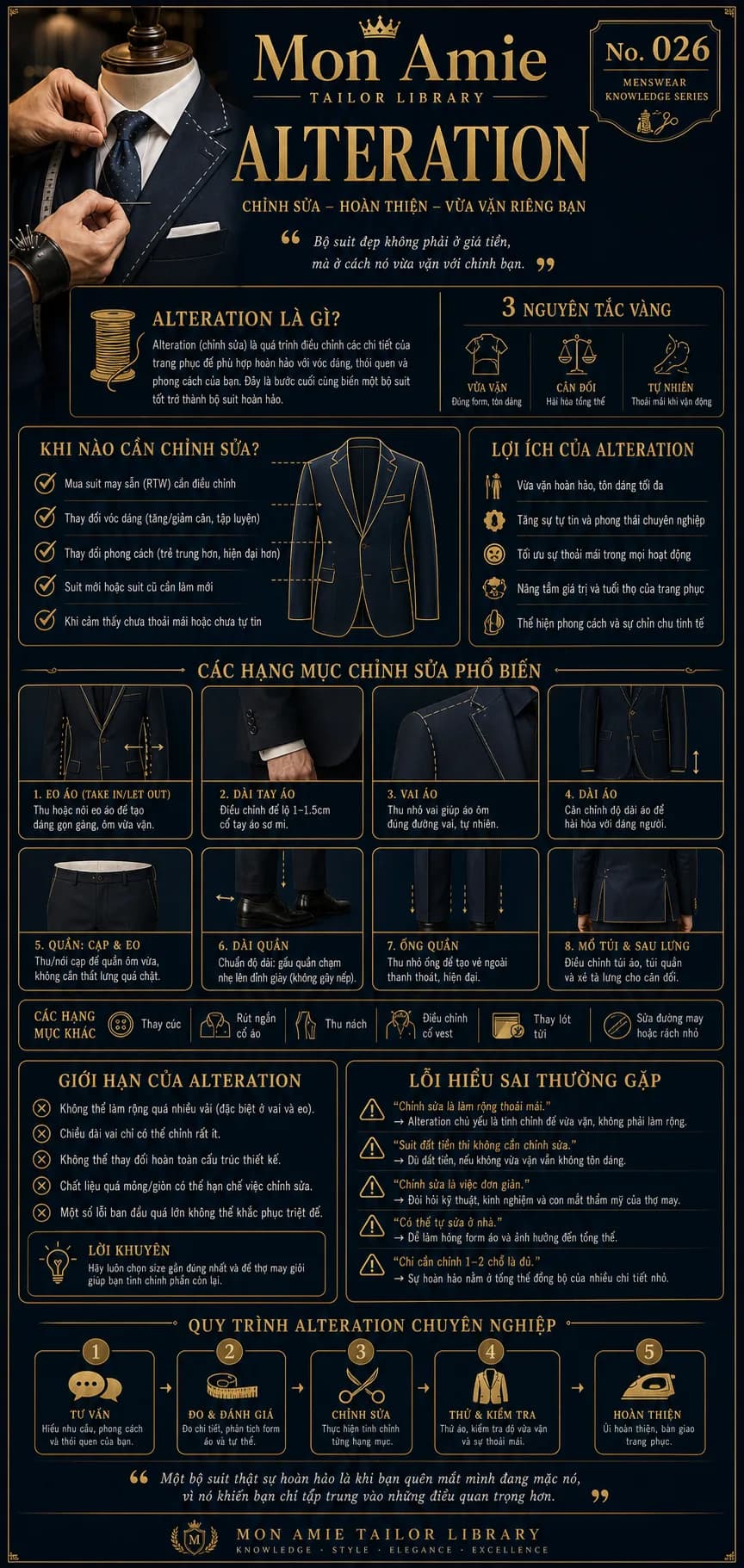 Poster Tailor Library số 26 của Mon Amie về Alteration: định nghĩa, các hạng mục chỉnh sửa phổ biến, giới hạn và quy trình chỉnh sửa suit chuyên nghiệp