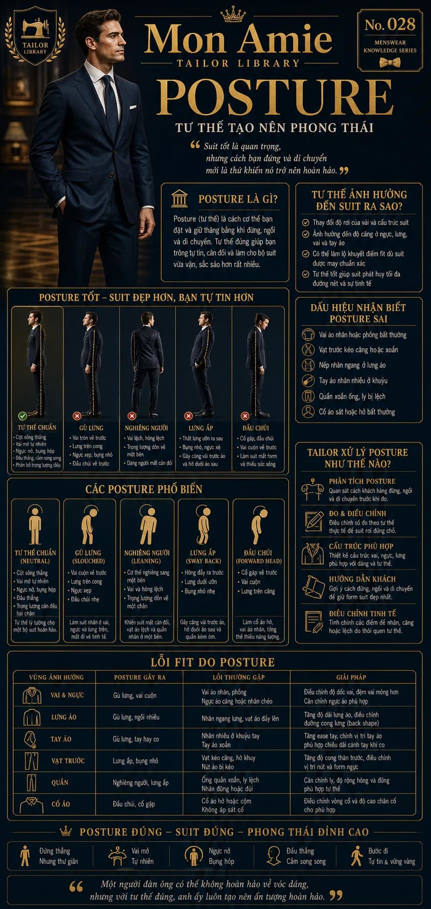 Poster Tailor Library số 28 của Mon Amie về Posture: các tư thế phổ biến, lỗi fit do tư thế và cách tailor xử lý