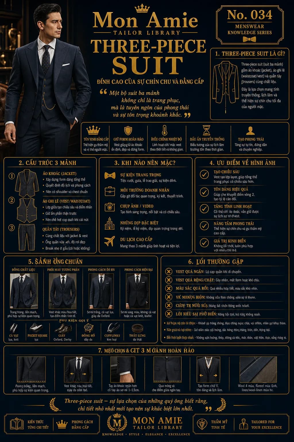 Poster Tailor Library số 34 của Mon Amie về Three Piece Suit: cấu trúc ba mảnh, dịp mặc, ưu điểm hình ảnh và lỗi thường gặp