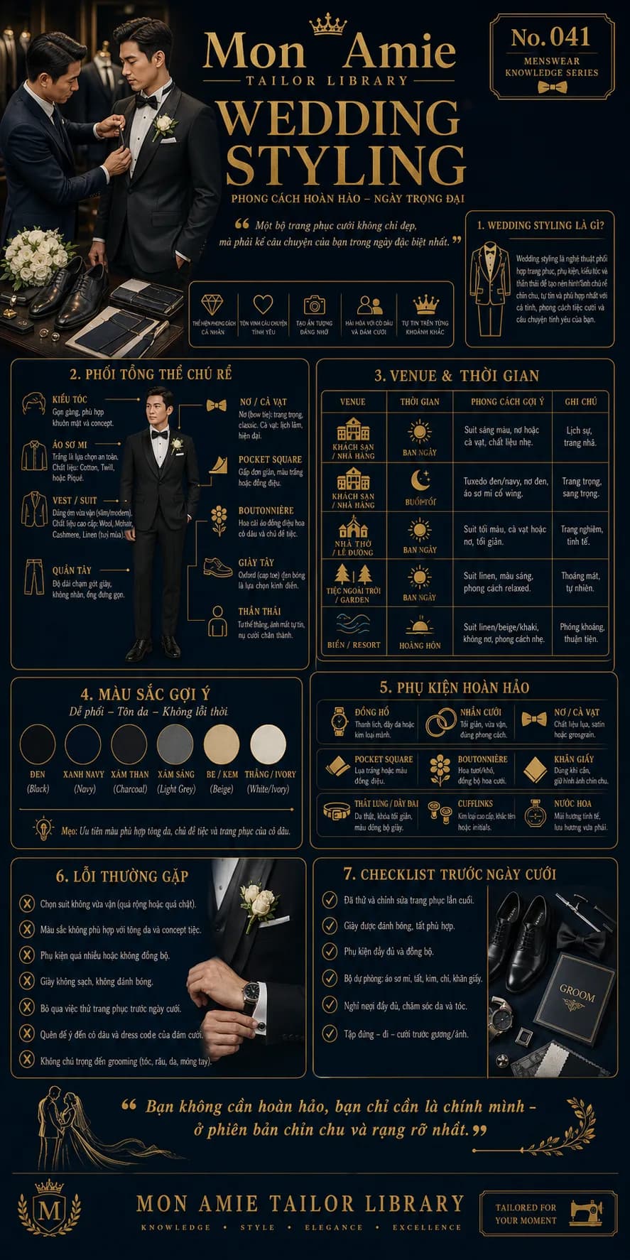 Poster Tailor Library số 41 của Mon Amie về Wedding Styling: phối tổng thể chú rể, chọn suit theo venue, màu sắc, phụ kiện và checklist trước ngày cưới