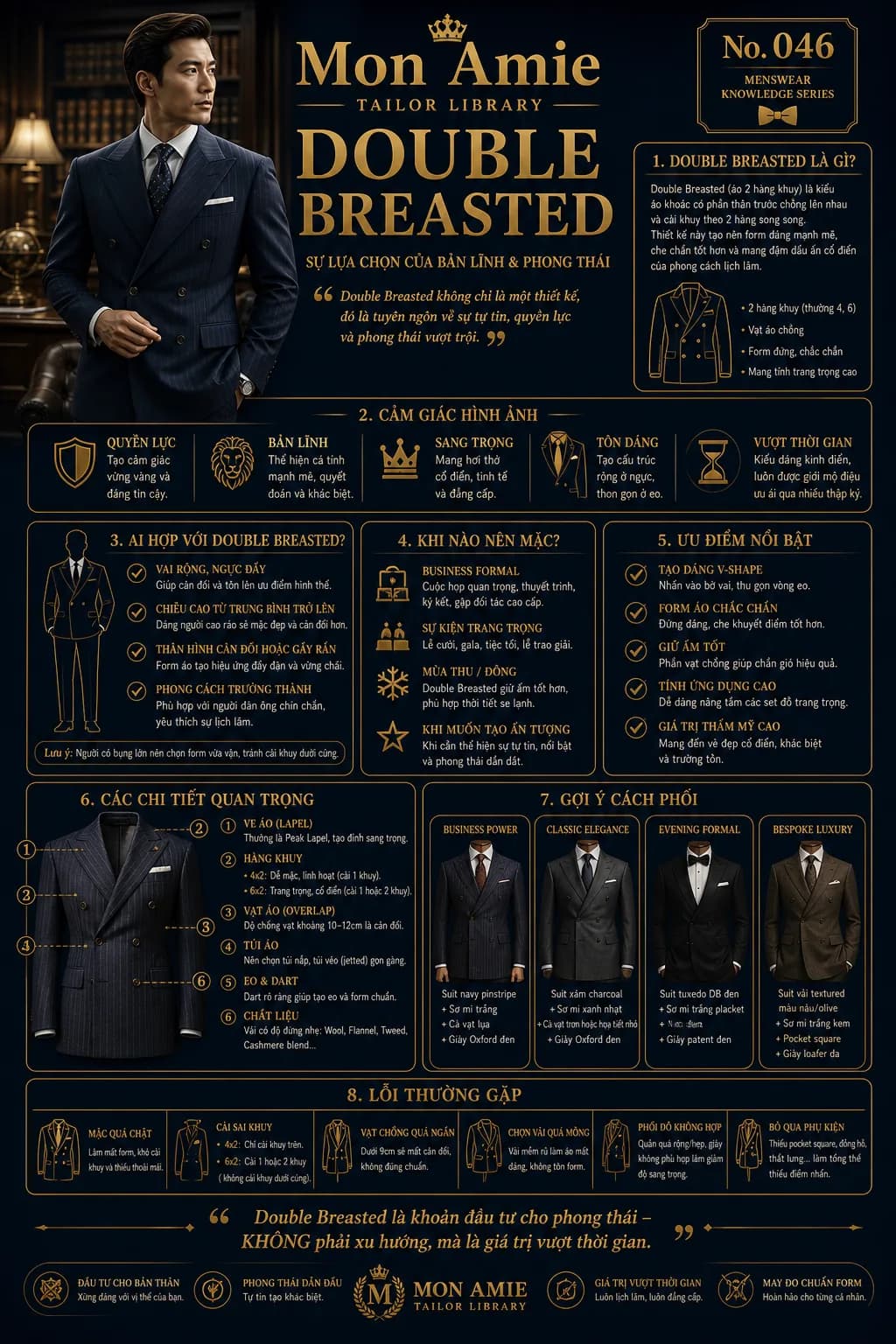 Poster Tailor Library số 46 của Mon Amie về Double Breasted: định nghĩa, ai hợp, khi nào nên mặc, chi tiết quan trọng và lỗi thường gặp