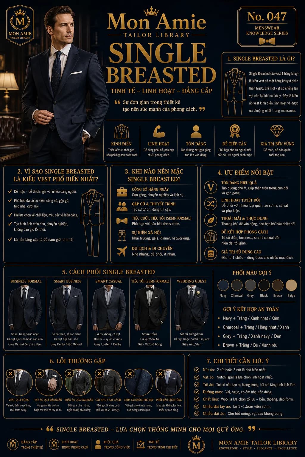 Poster Tailor Library số 47 của Mon Amie về Single Breasted: định nghĩa vest một hàng khuy, dịp mặc, cách phối và lỗi thường gặp