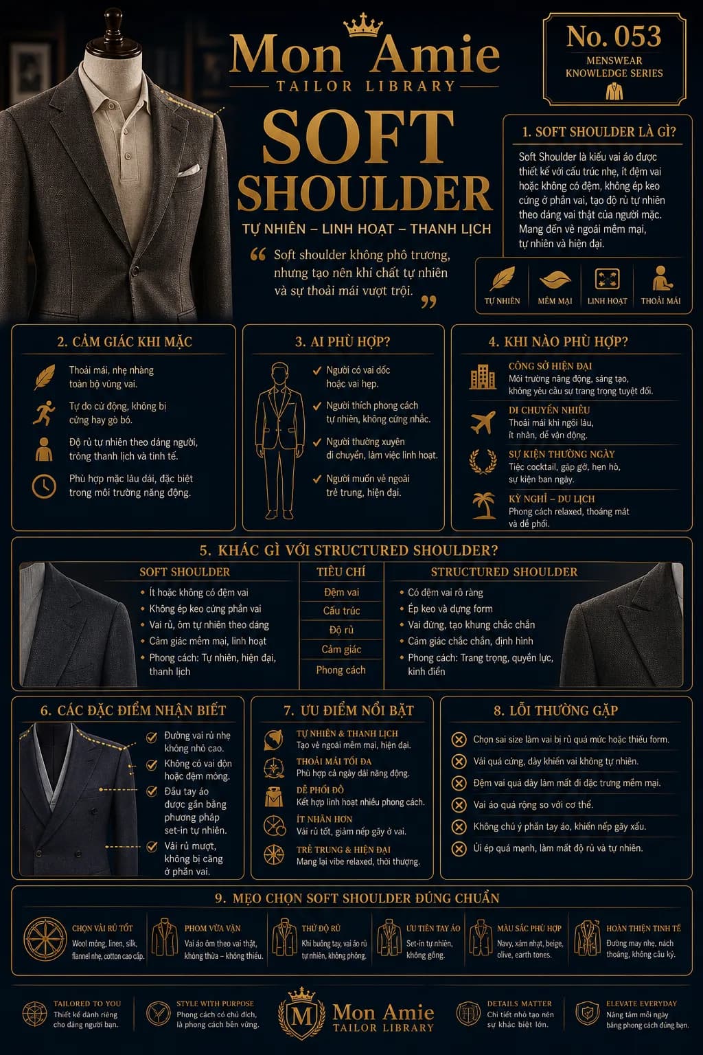 Poster Tailor Library số 53 của Mon Amie về Soft Shoulder: định nghĩa, so sánh với structured shoulder và mẹo chọn vai áo mềm