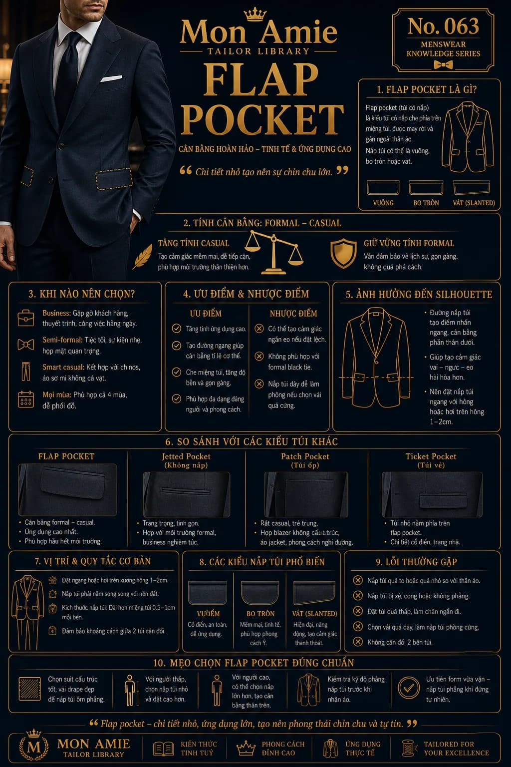 Poster Tailor Library số 63 của Mon Amie về Flap Pocket: định nghĩa, ưu nhược điểm, so sánh các kiểu túi và mẹo chọn nắp túi đúng chuẩn