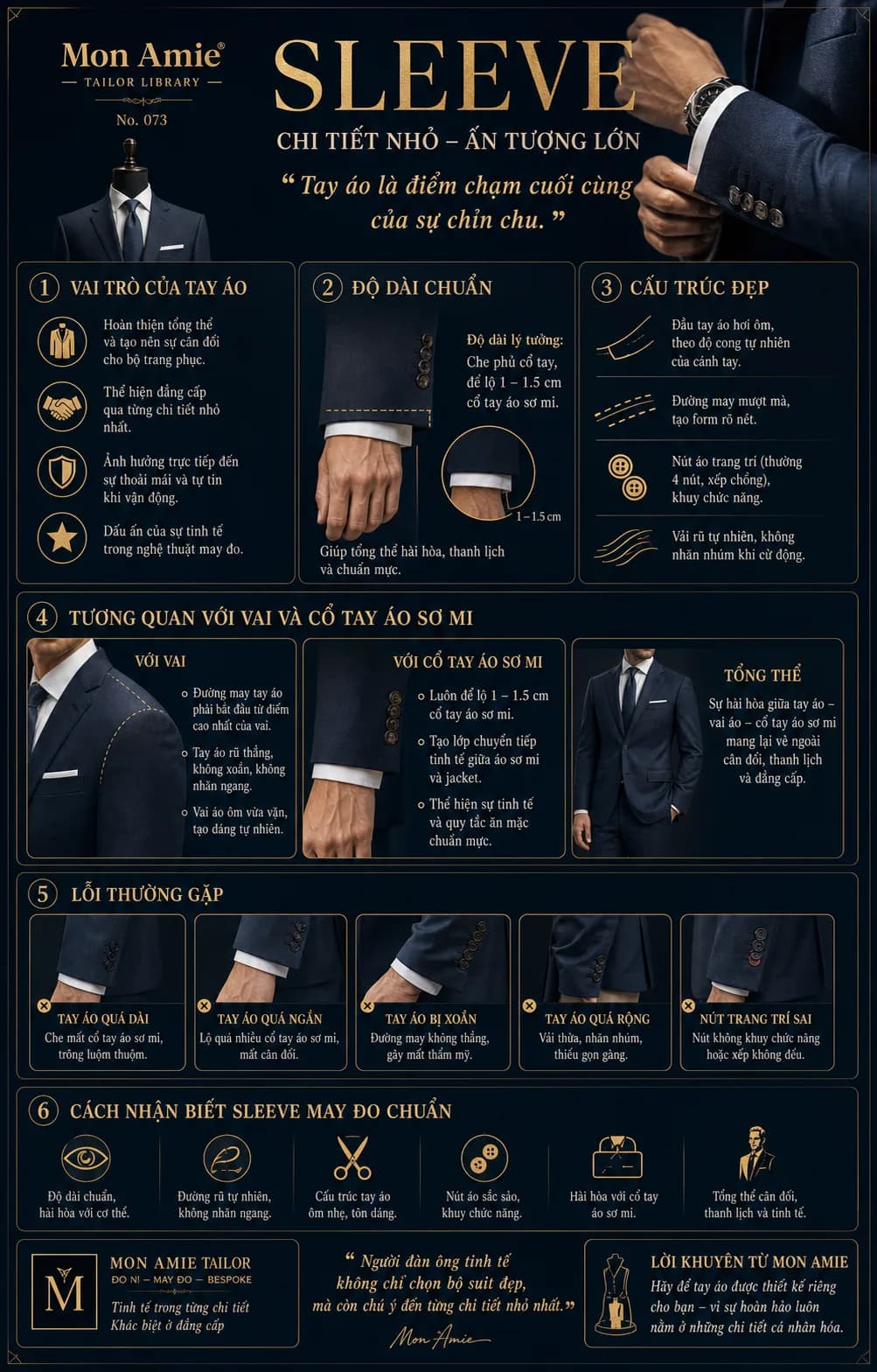 Poster Tailor Library số 73 của Mon Amie về Sleeve: độ dài chuẩn, cấu trúc và lỗi thường gặp của tay áo vest