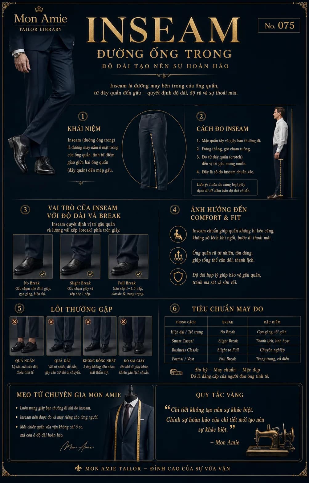 Poster Tailor Library số 75 của Mon Amie về Inseam: khái niệm đường ống trong, cách đo, các mức break và tiêu chuẩn may đo