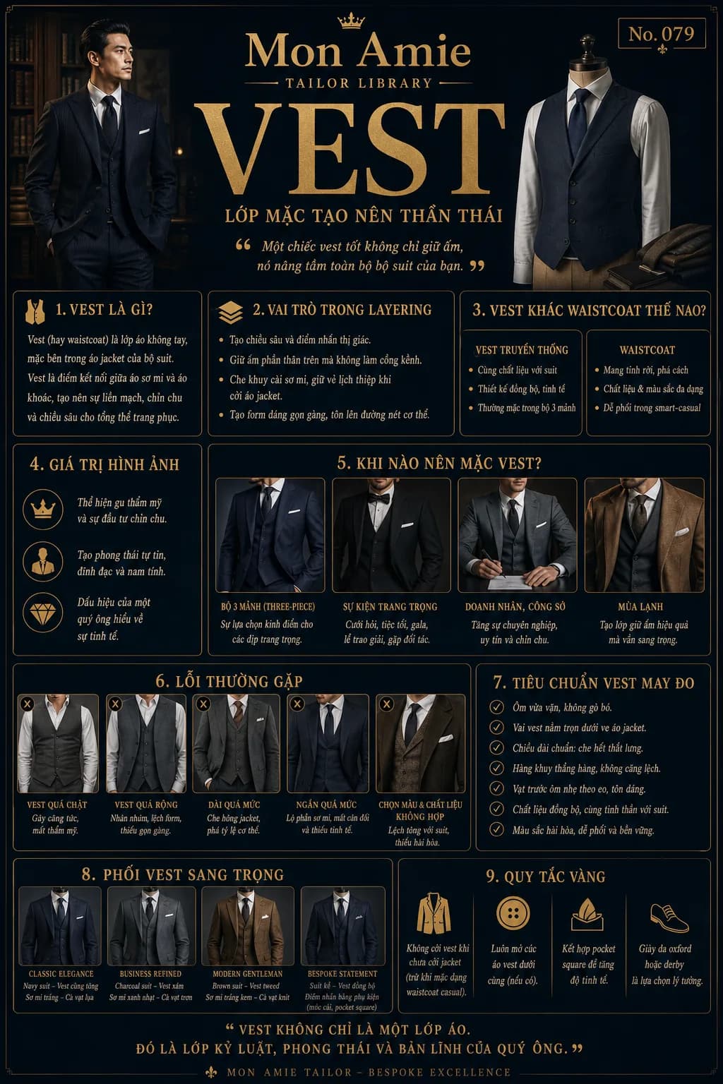 Poster Tailor Library số 79 của Mon Amie về VEST: định nghĩa, vai trò layering, lỗi thường gặp và tiêu chuẩn vest may đo