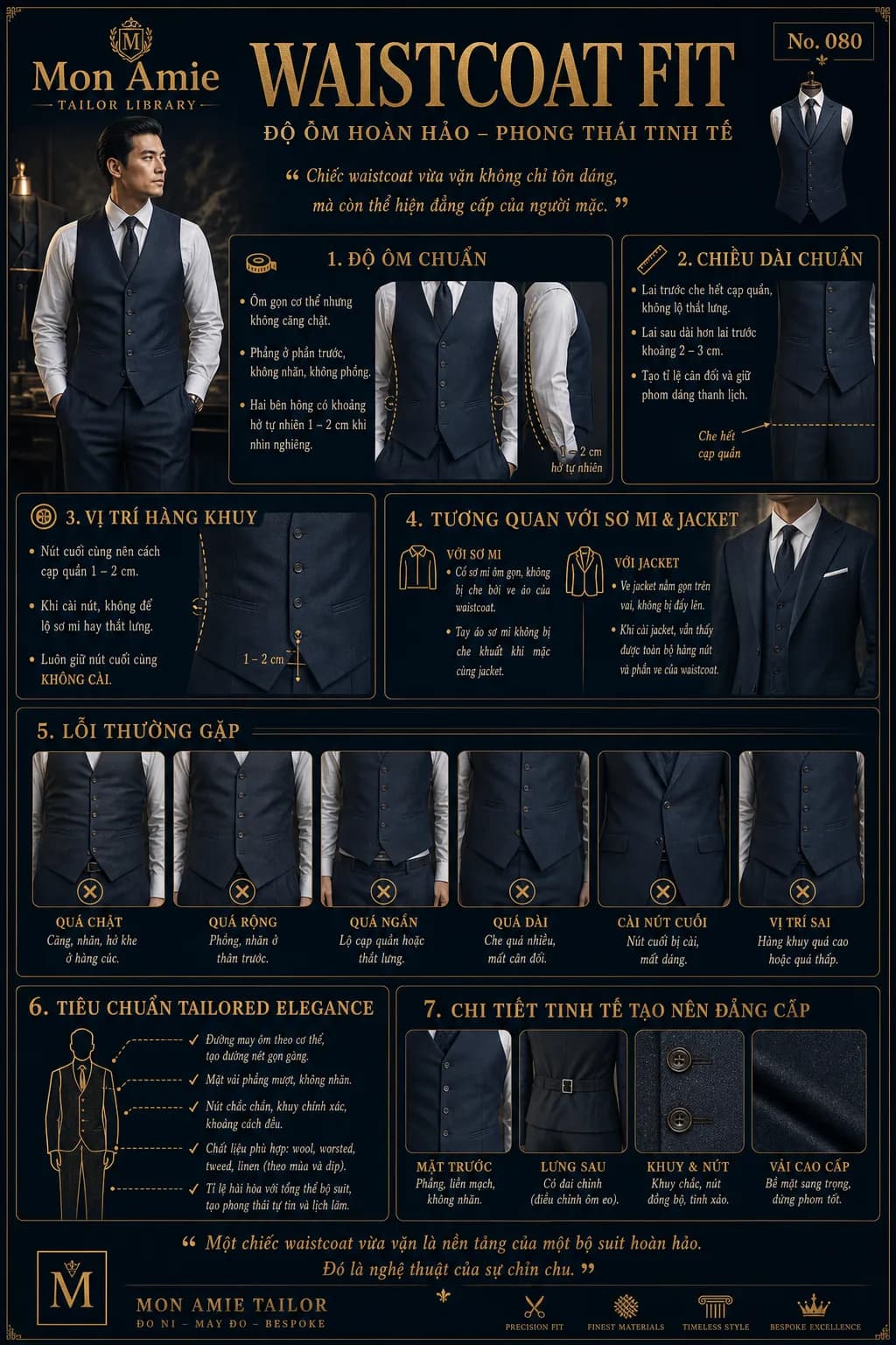 Poster Tailor Library số 80 của Mon Amie về Waistcoat Fit: độ ôm chuẩn, chiều dài, vị trí hàng khuy và các lỗi thường gặp của áo gile