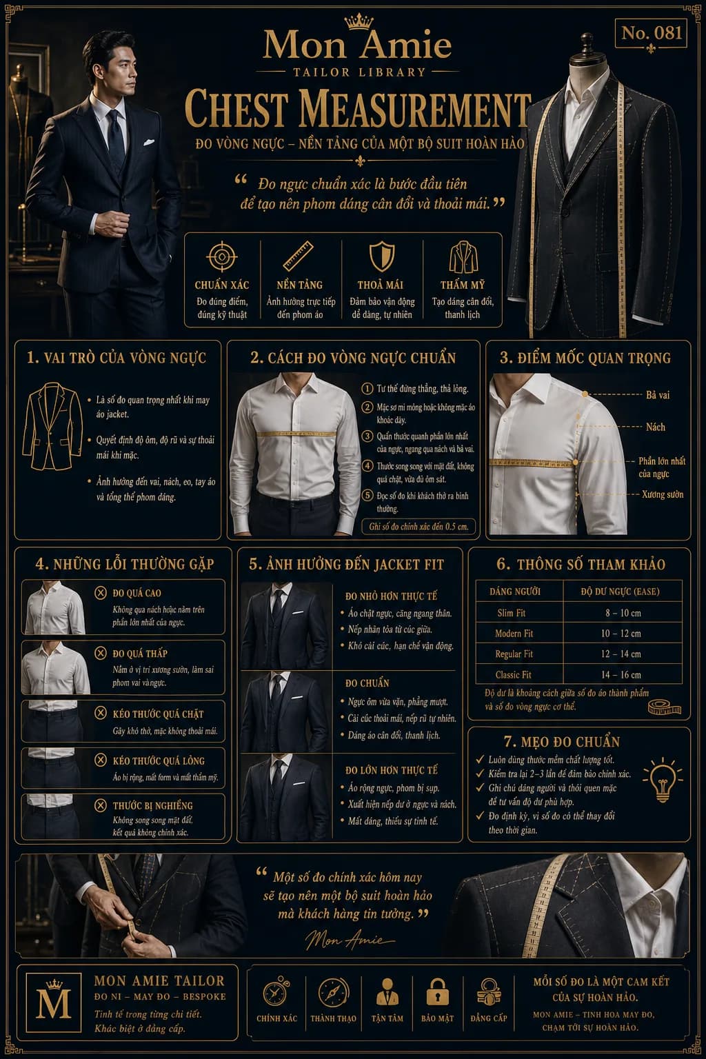 Poster Tailor Library số 81 của Mon Amie về Chest Measurement: vai trò, cách đo vòng ngực chuẩn, lỗi thường gặp và thông số ease theo từng kiểu fit