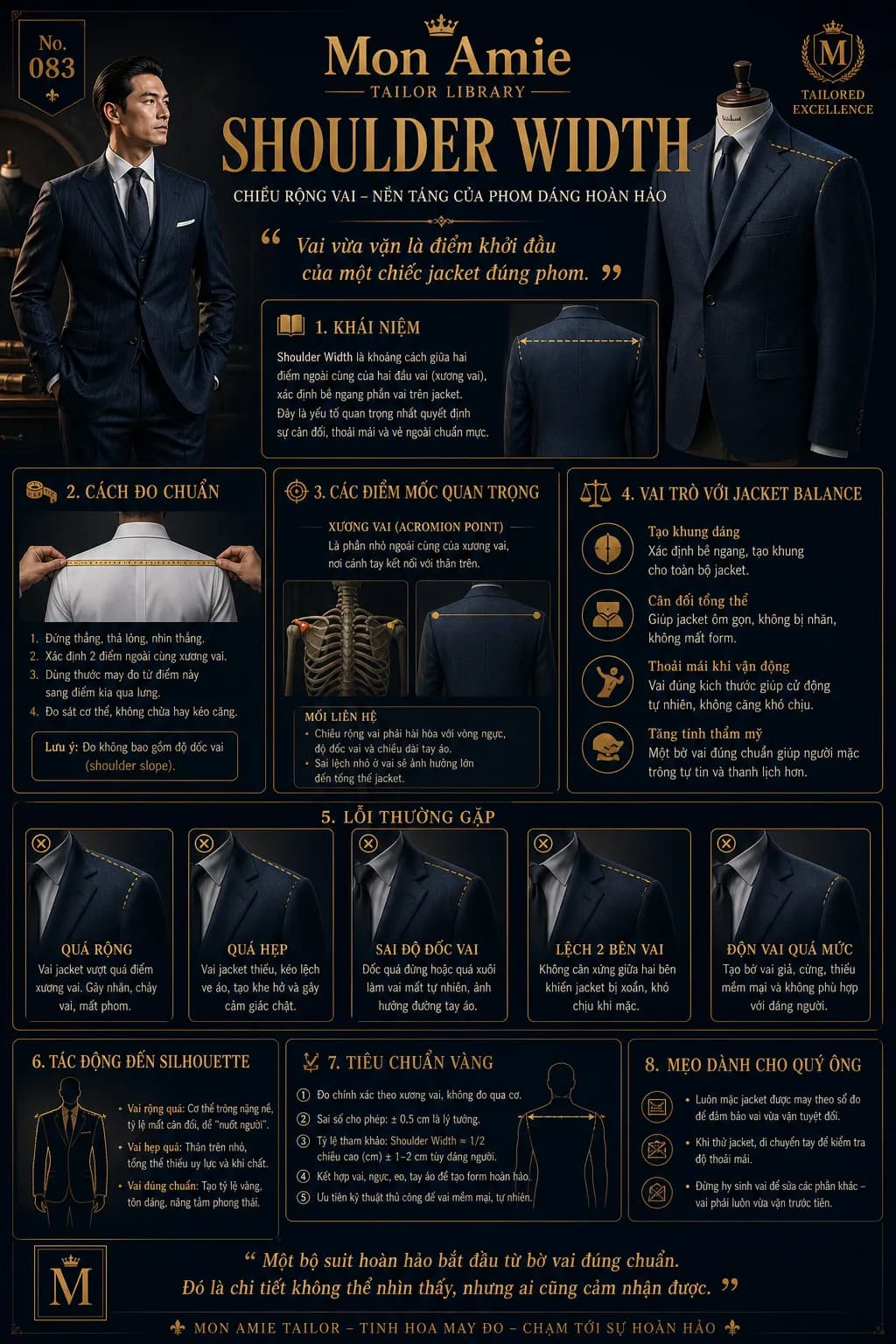 Poster Tailor Library số 83 của Mon Amie về Shoulder Width: khái niệm, cách đo, lỗi thường gặp và tiêu chuẩn vàng của chiều rộng vai