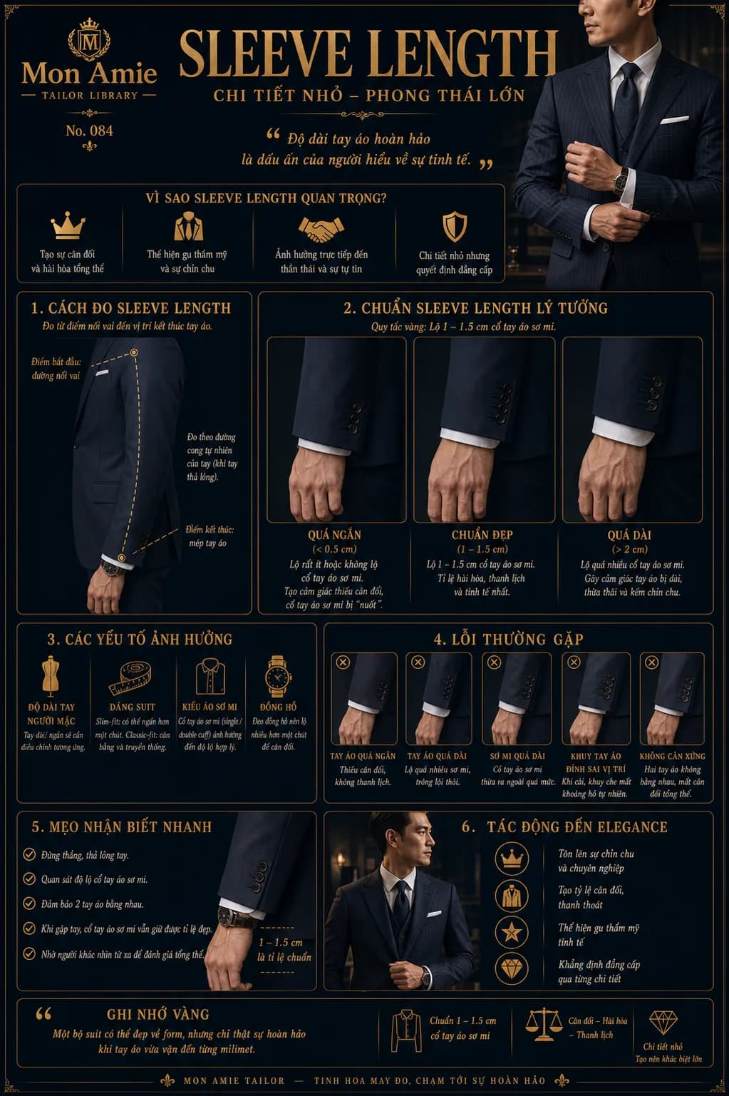 Poster Tailor Library số 84 của Mon Amie về Sleeve Length: cách đo độ dài tay áo vest, chuẩn lộ 1–1,5 cm cổ tay sơ mi và các lỗi thường gặp