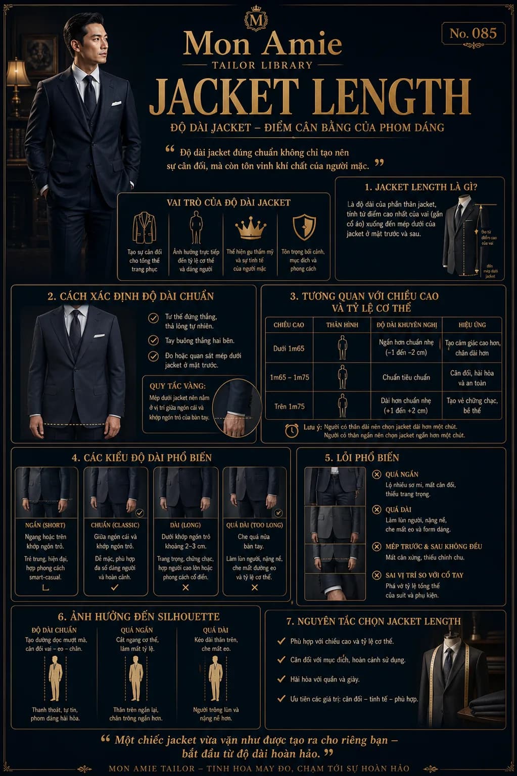 Poster Tailor Library số 85 của Mon Amie về Jacket Length: cách xác định độ dài áo vest chuẩn, tương quan với chiều cao và các lỗi phổ biến