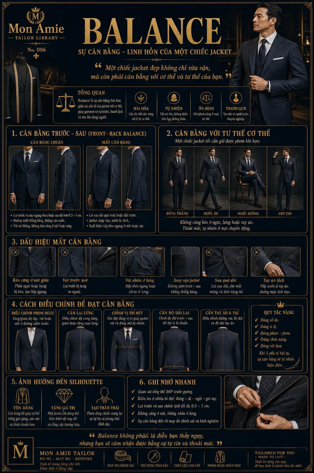 Poster Tailor Library số 86 của Mon Amie về Balance: sự cân bằng trước - sau, dấu hiệu mất cân bằng và cách điều chỉnh jacket