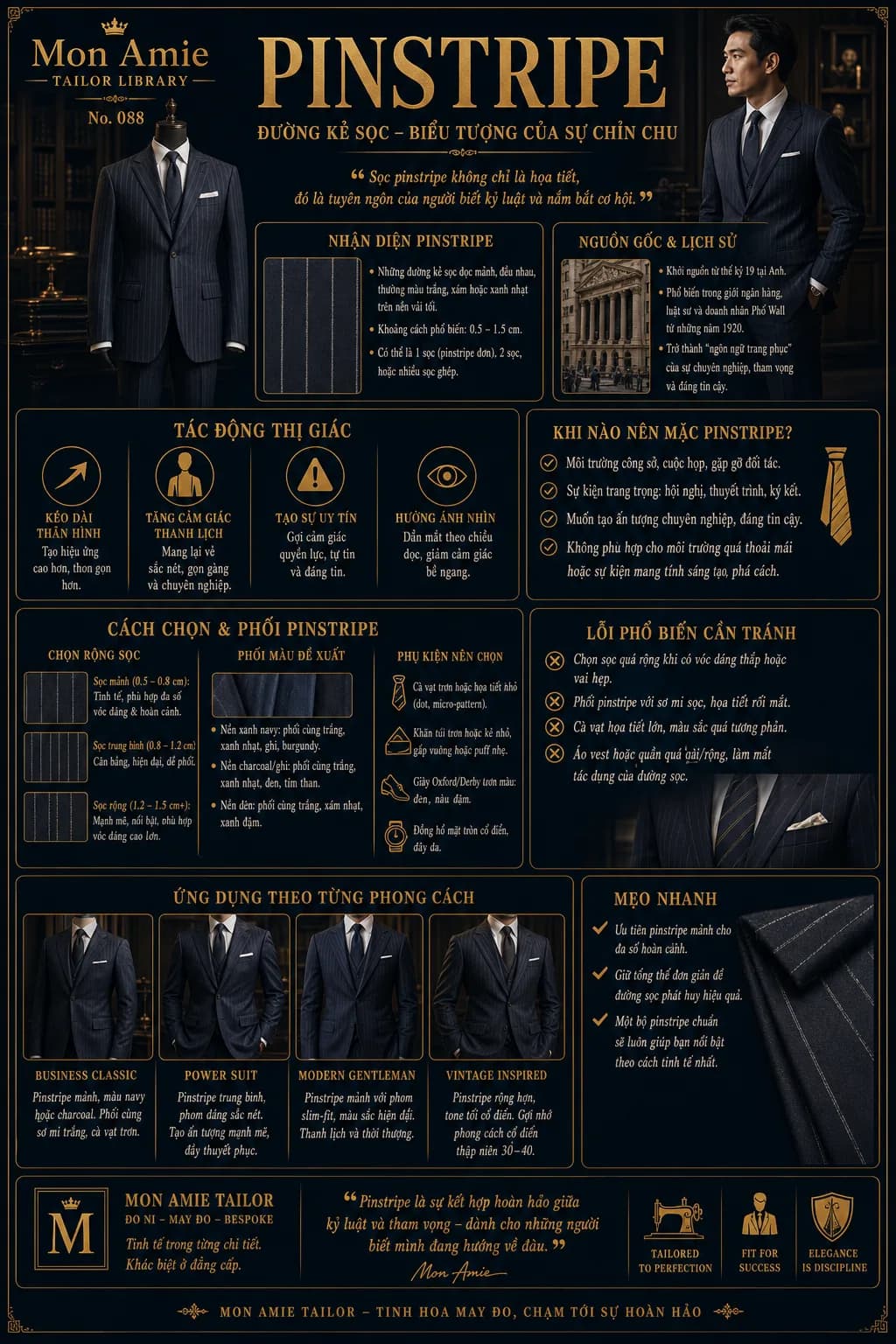 Poster Tailor Library số 88 của Mon Amie về Pinstripe: nhận diện, lịch sử, cách chọn và phối vest kẻ sọc