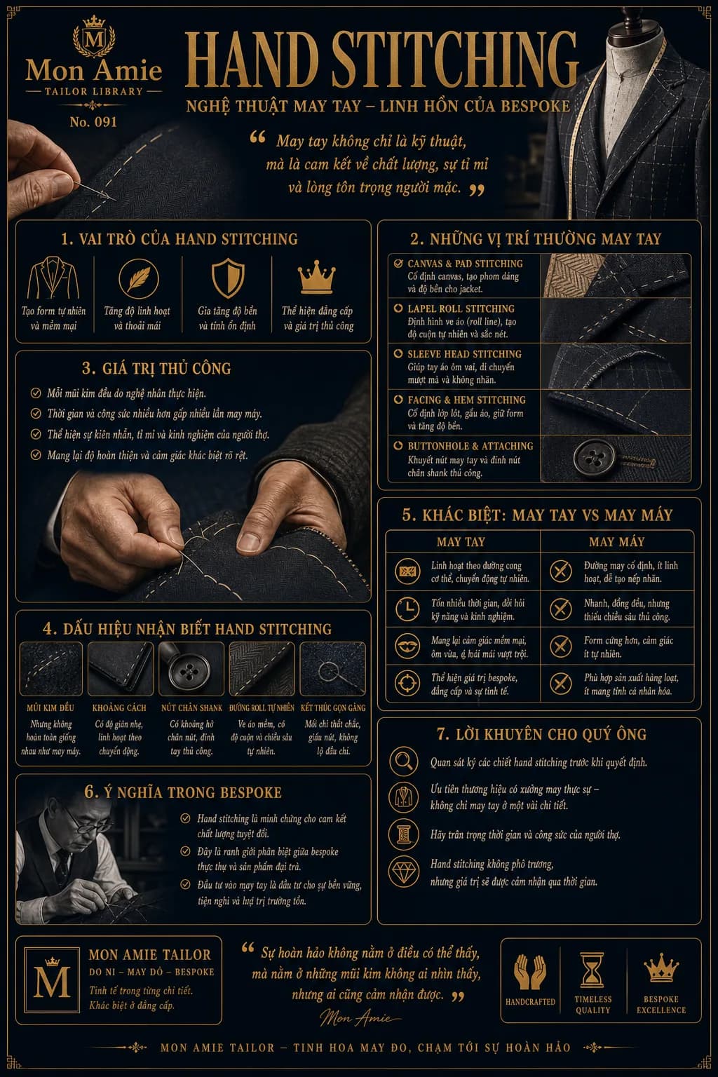 Poster Tailor Library số 91 của Mon Amie về Hand Stitching: vai trò của may tay, vị trí thường may tay, dấu hiệu nhận biết và so sánh may tay với may máy