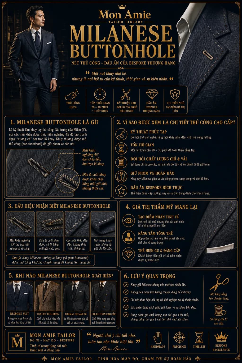 Poster Tailor Library số 92 của Mon Amie về Milanese Button Hole: kỹ thuật khuy tay Milan, dấu hiệu nhận biết và lưu ý bảo quản