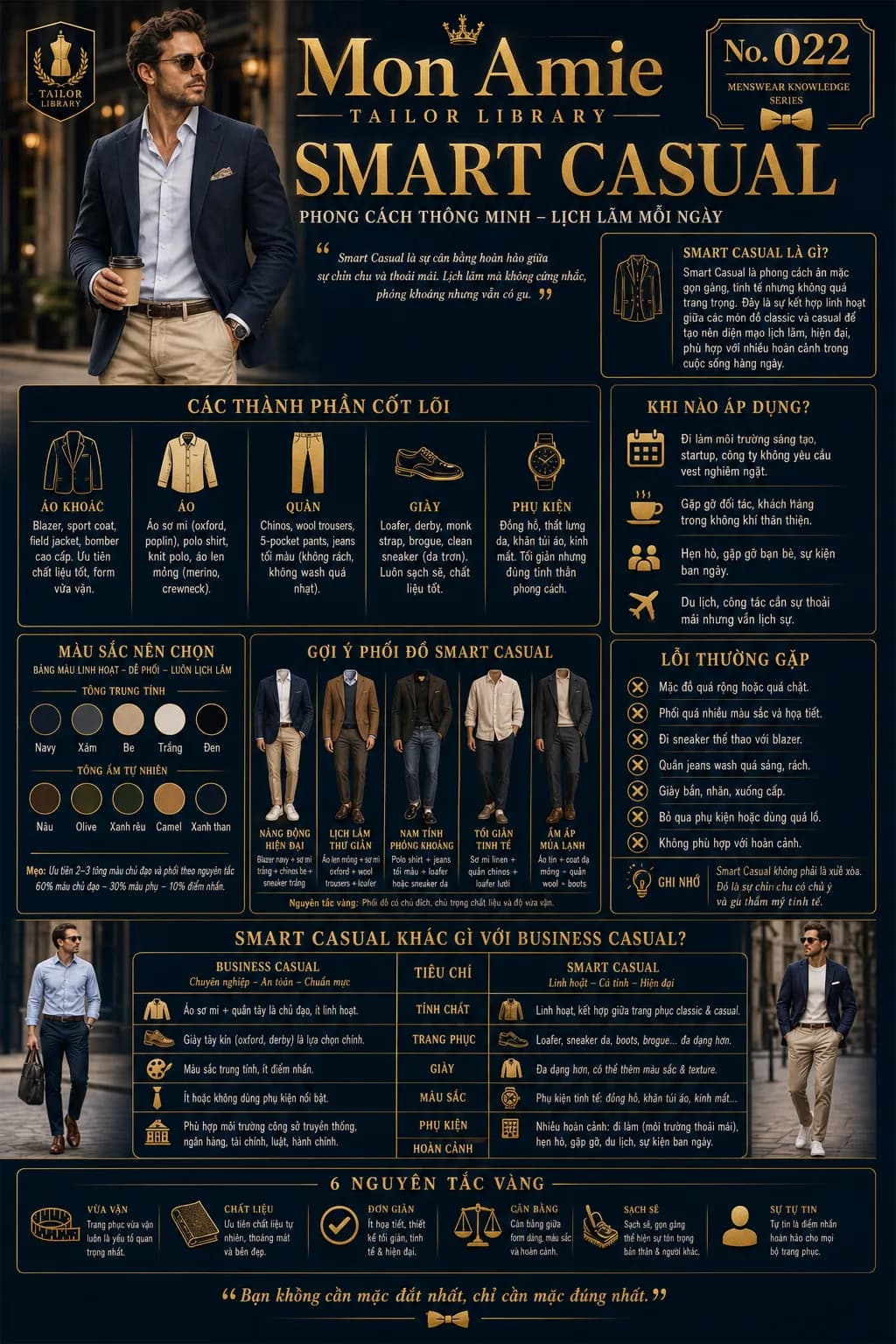 Poster Tailor Library số 94 của Mon Amie về Smart Casual: thành phần cốt lõi, bảng màu, gợi ý phối đồ và bảng so sánh với Business Casual