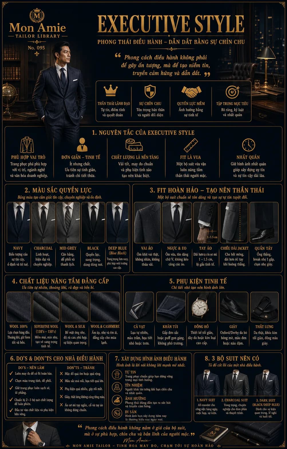 Poster Tailor Library số 95 của Mon Amie về Executive Style: nguyên tắc, màu sắc quyền lực, fit hoàn hảo, chất liệu và phụ kiện cho nhà điều hành