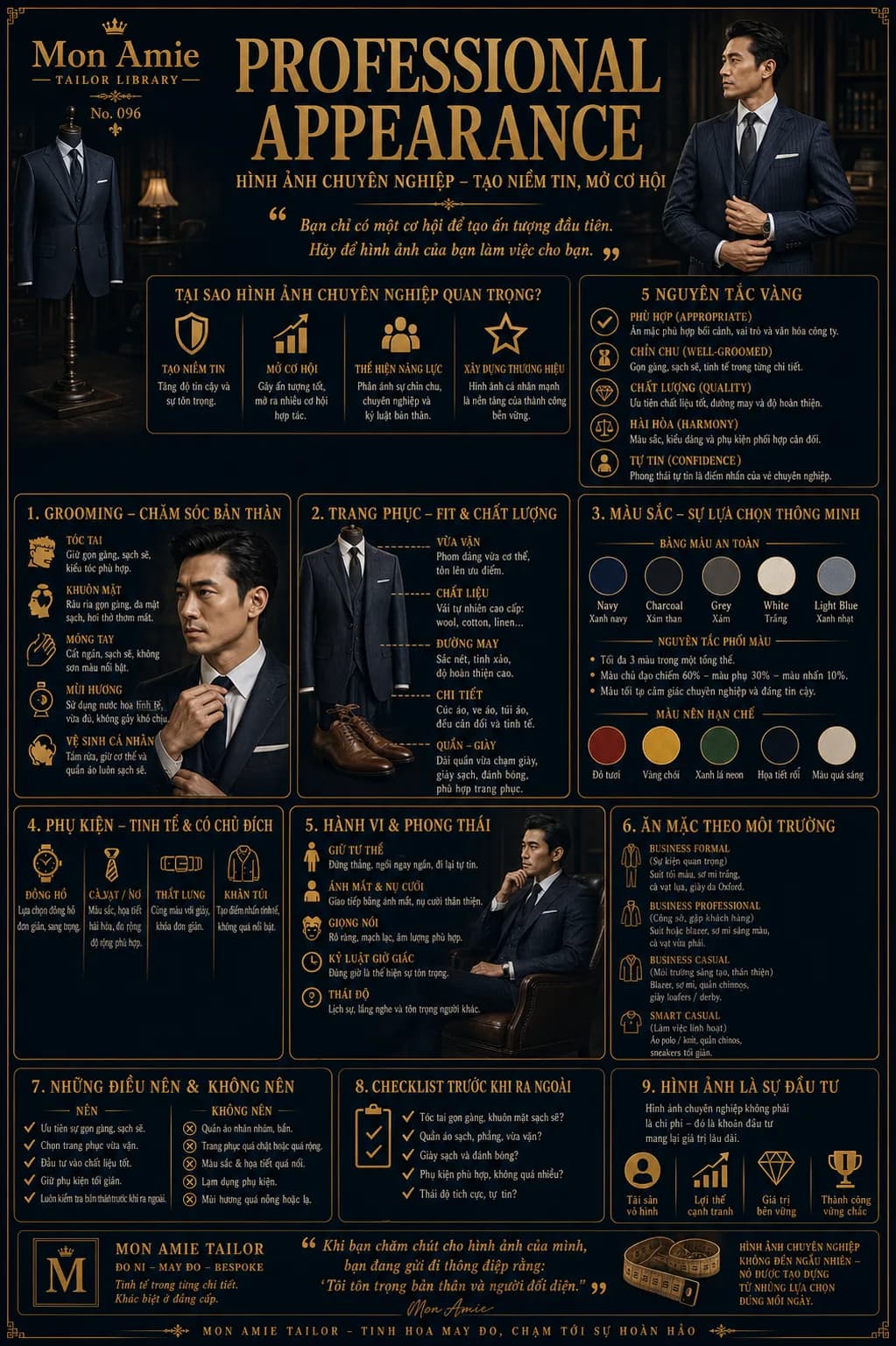 Poster Tailor Library số 96 của Mon Amie về Professional Appearance: 5 nguyên tắc vàng, grooming, trang phục, màu sắc và checklist hình ảnh chuyên nghiệp