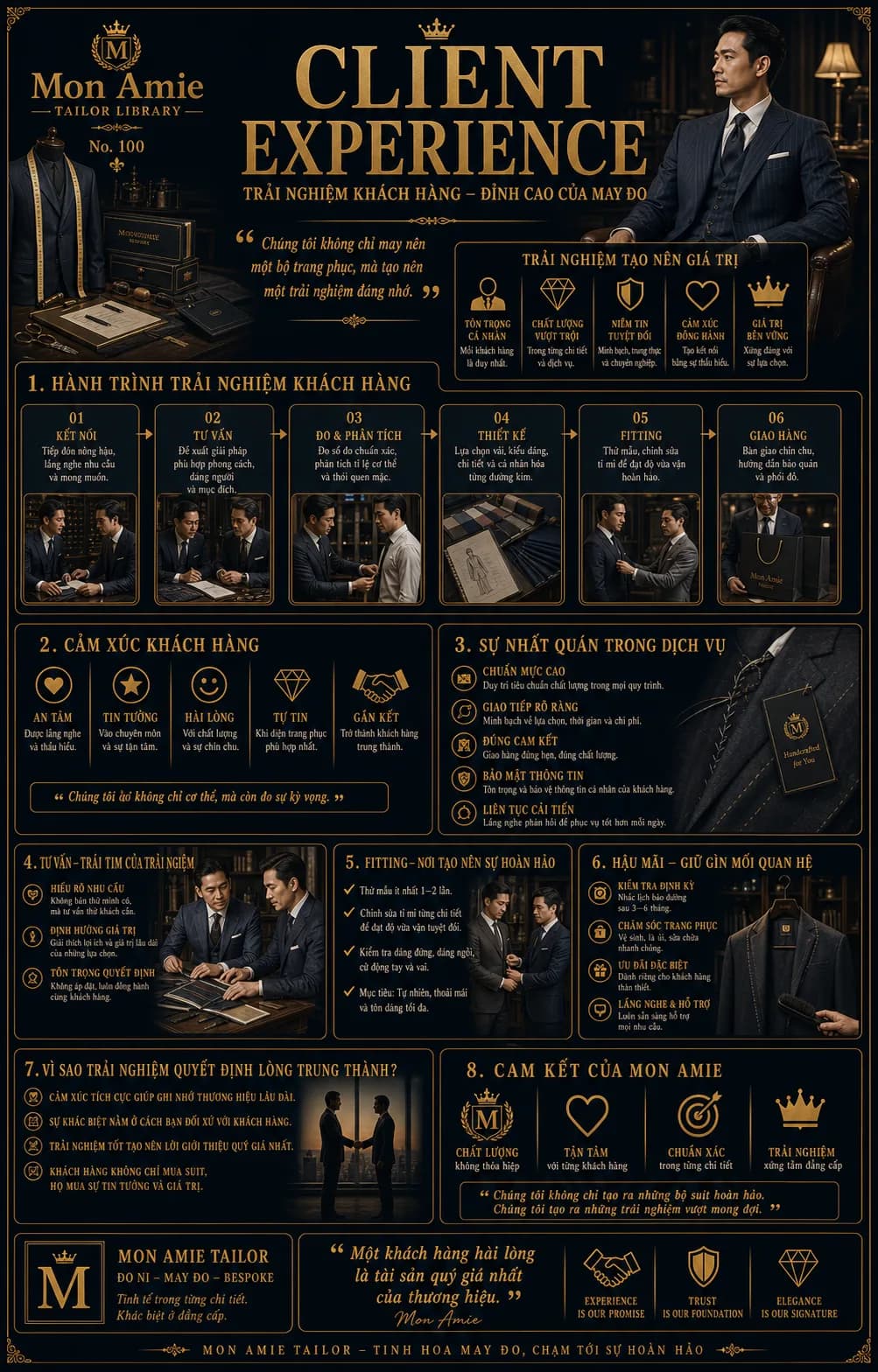 Poster Tailor Library số 100 của Mon Amie về Client Experience: hành trình trải nghiệm khách hàng 6 bước trong may đo