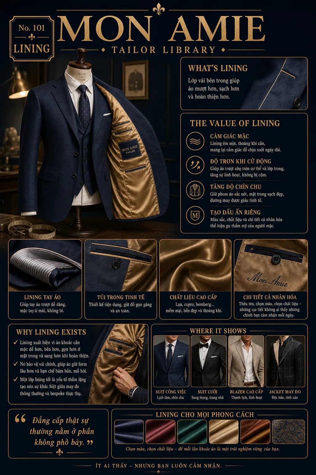 Poster Tailor Library số 101 của Mon Amie về Lining v3 fashion-history-why: giá trị và lịch sử của lớp lót áo vest