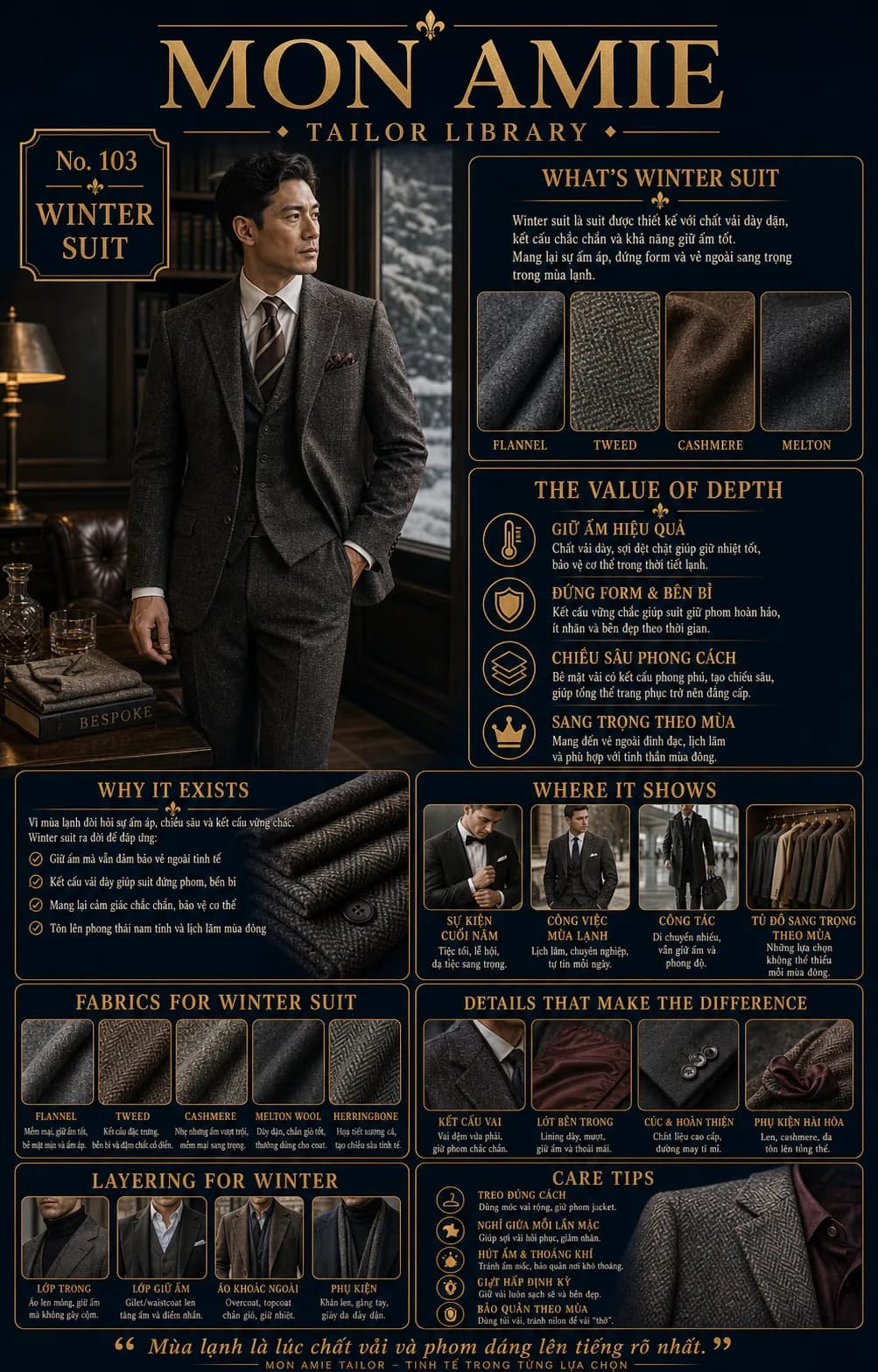 Poster Tailor Library số 103 của Mon Amie về Winter Suit: chất liệu, giá trị, cách layering và bảo quản vest mùa lạnh