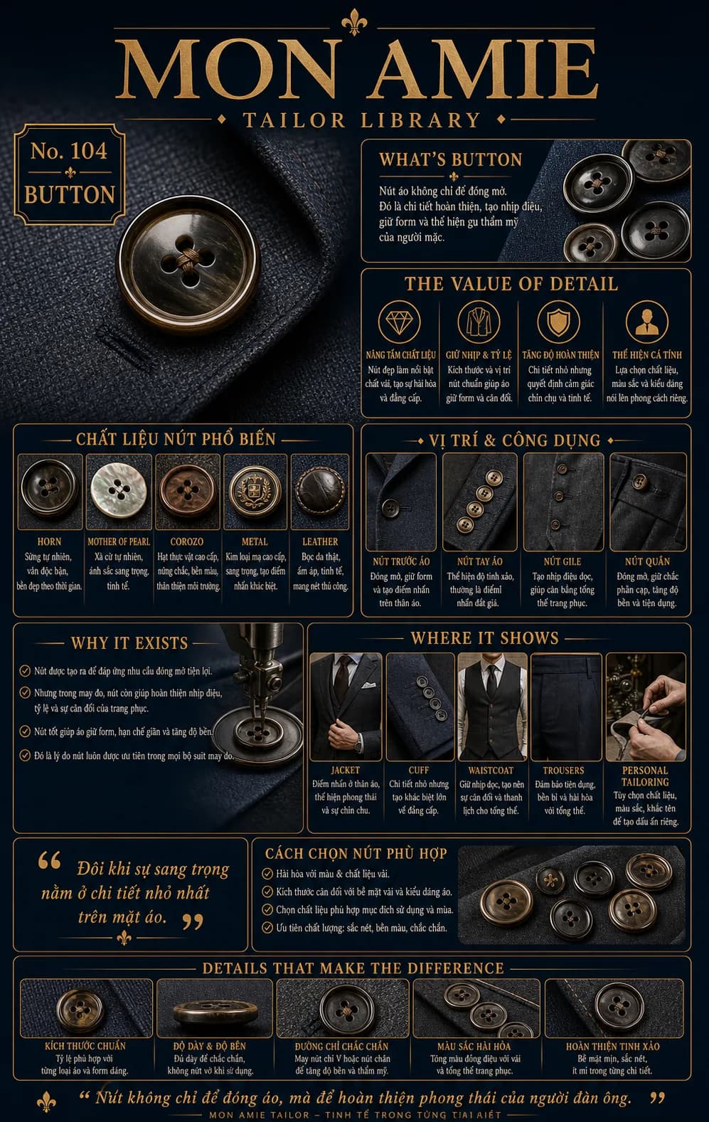 Poster Tailor Library số 104 của Mon Amie về nút áo vest: chất liệu nút phổ biến, vị trí và công dụng, cách chọn nút phù hợp