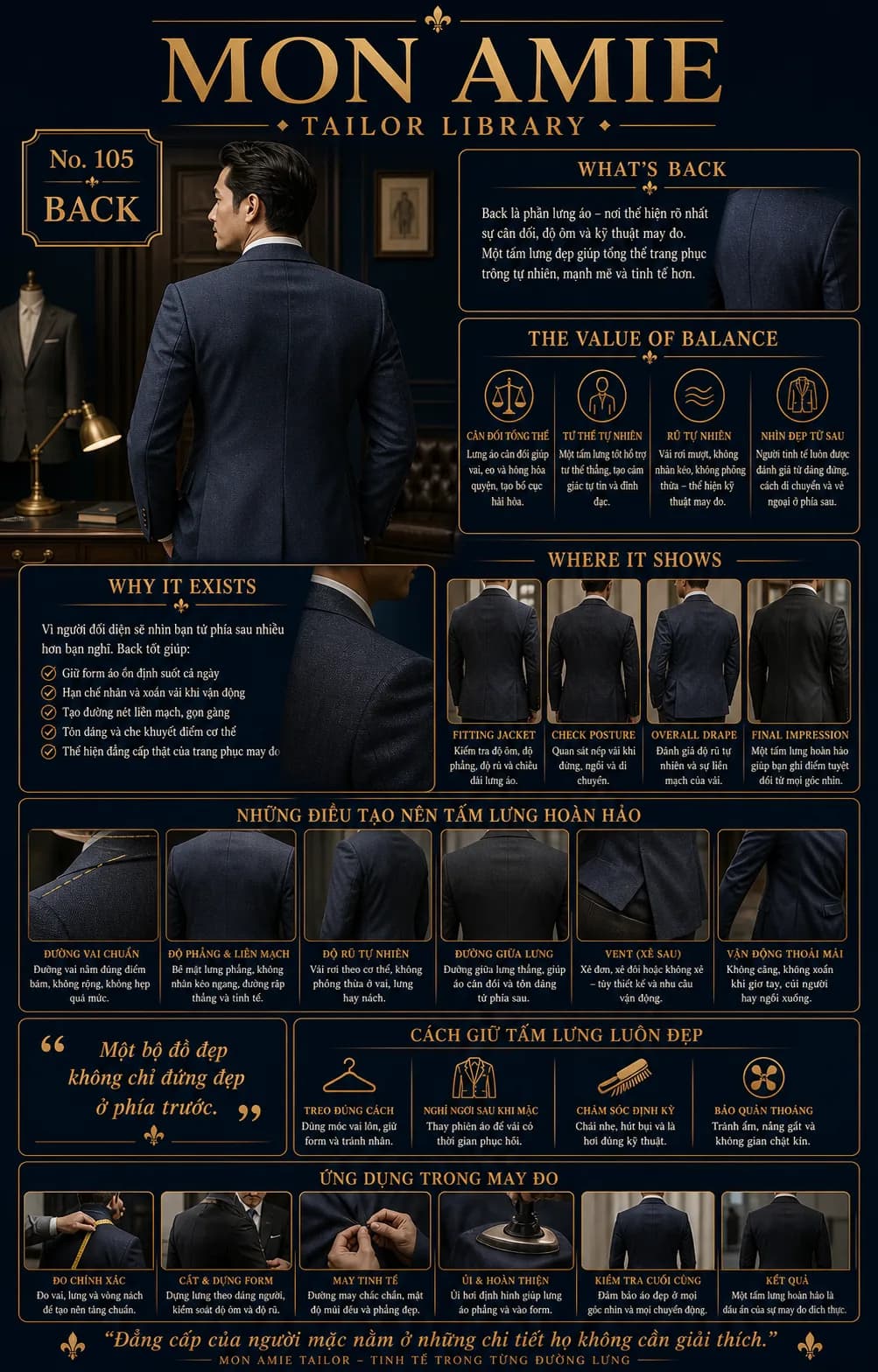 Poster Tailor Library số 105 của Mon Amie về Back: cấu tạo và giá trị của tấm lưng áo vest trong may đo