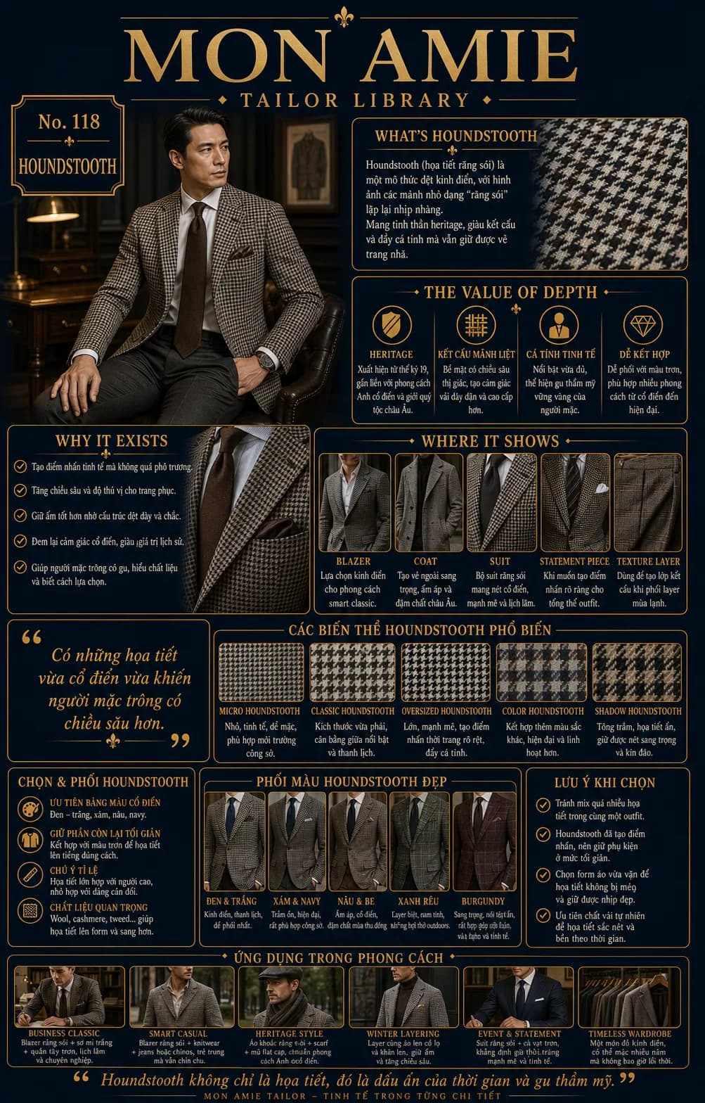 Poster Tailor Library số 118 của Mon Amie về Houndstooth: họa tiết răng sói, các biến thể và cách phối màu trên vest nam