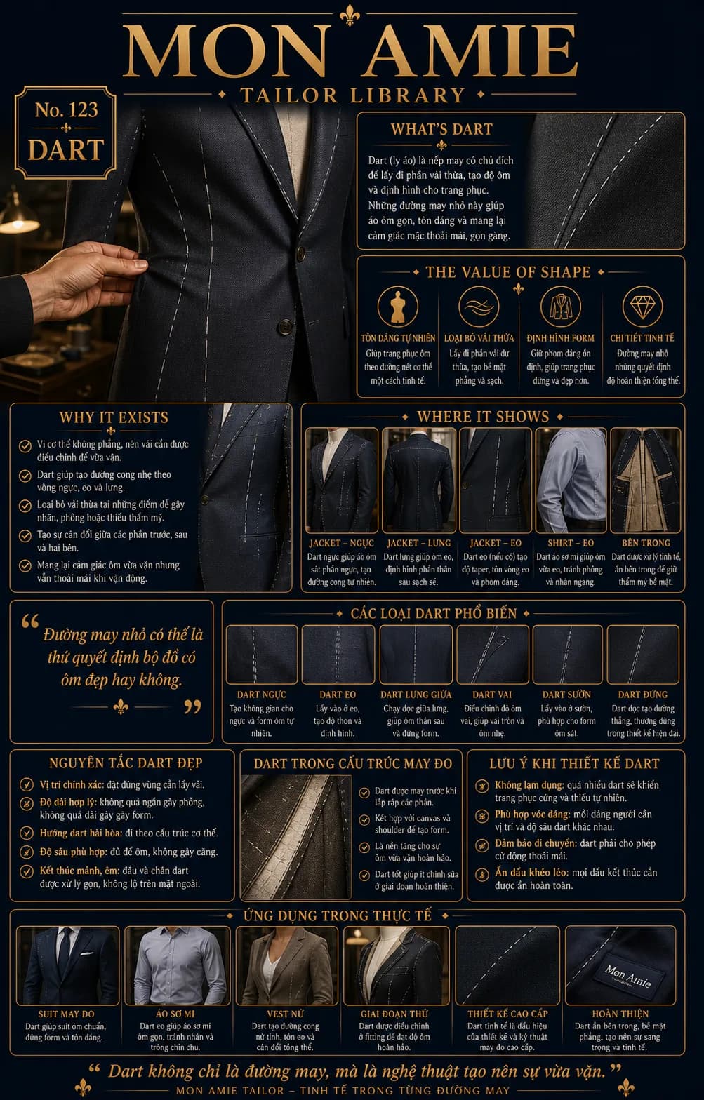 Poster Tailor Library số 123 của Mon Amie về dart: các đường ly định hình trên thân áo vest may đo