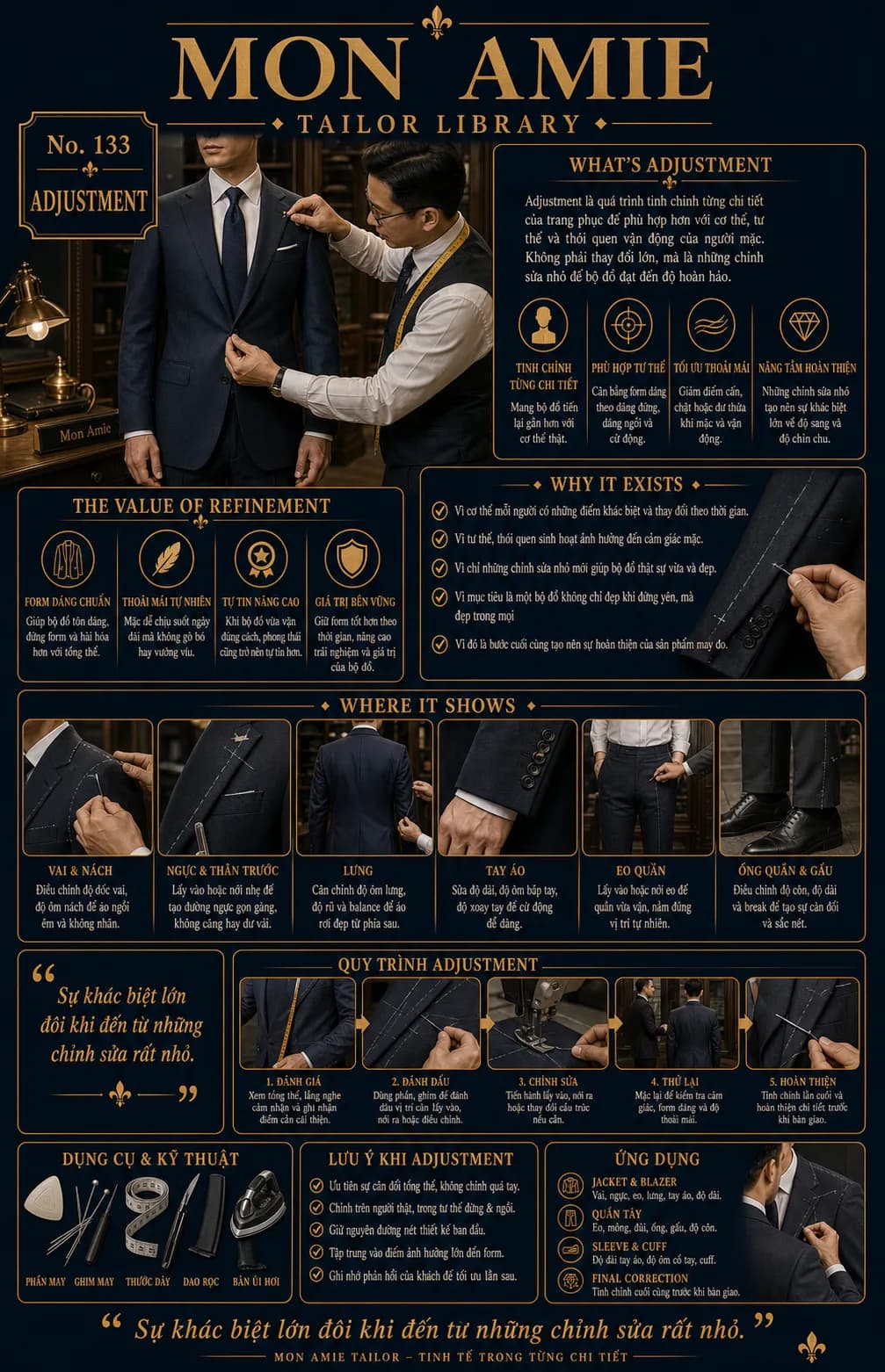 Poster Tailor Library số 133 của Mon Amie về Adjustment: nghệ nhân dùng thước dây tinh chỉnh vai áo suit cho khách
