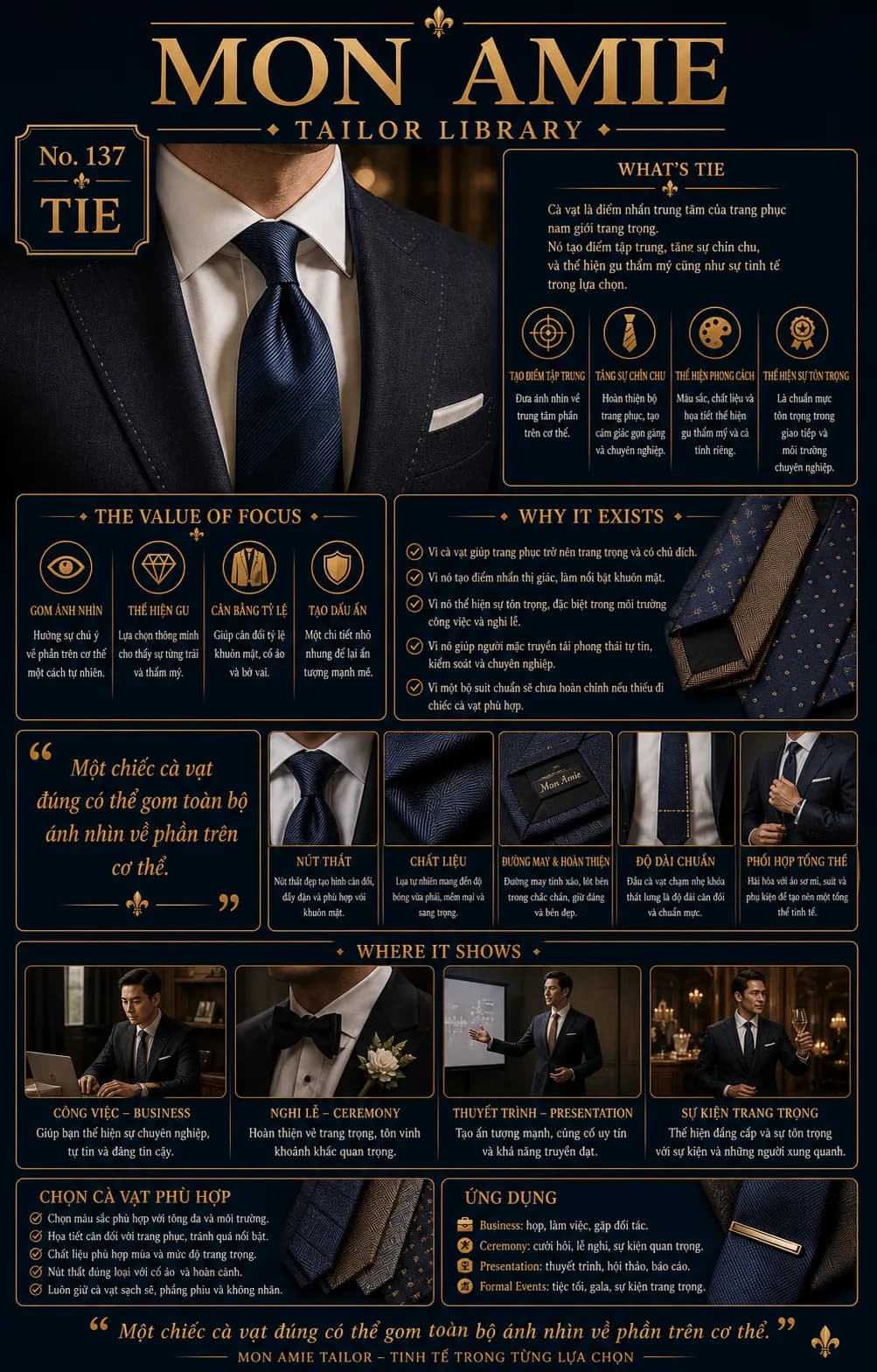 Poster Tailor Library số 137 của Mon Amie về cà vạt: quý ông mặc suit navy với cà vạt xanh than cùng các nguyên tắc chọn cà vạt