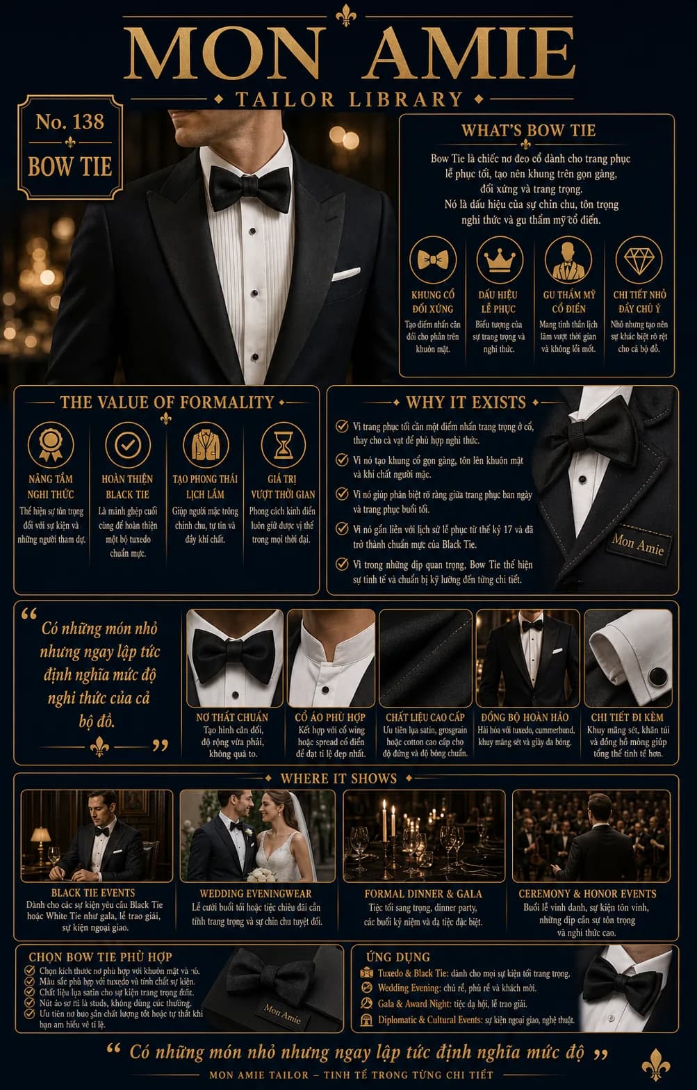 Poster Tailor Library số 138 của Mon Amie về bow tie: quý ông mặc tuxedo đen với nơ đen cùng các nguyên tắc chọn bow tie