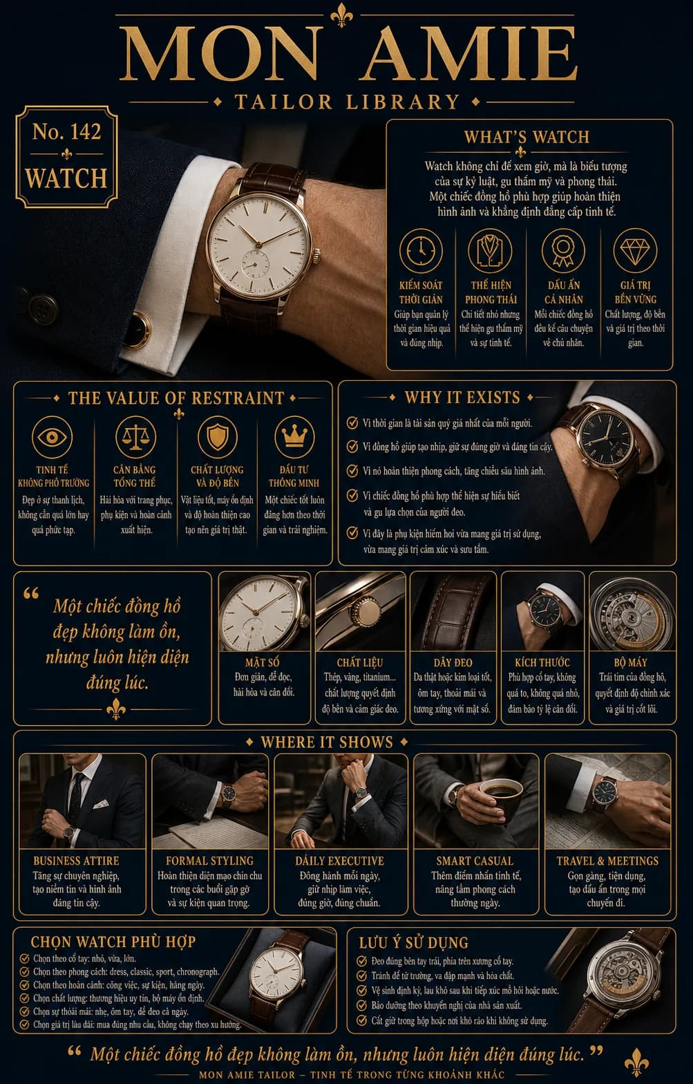 Poster Tailor Library số 142 của Mon Amie về Watch: đồng hồ mặt trắng dây da nâu trên cổ tay áo sơ mi trắng cùng suit navy