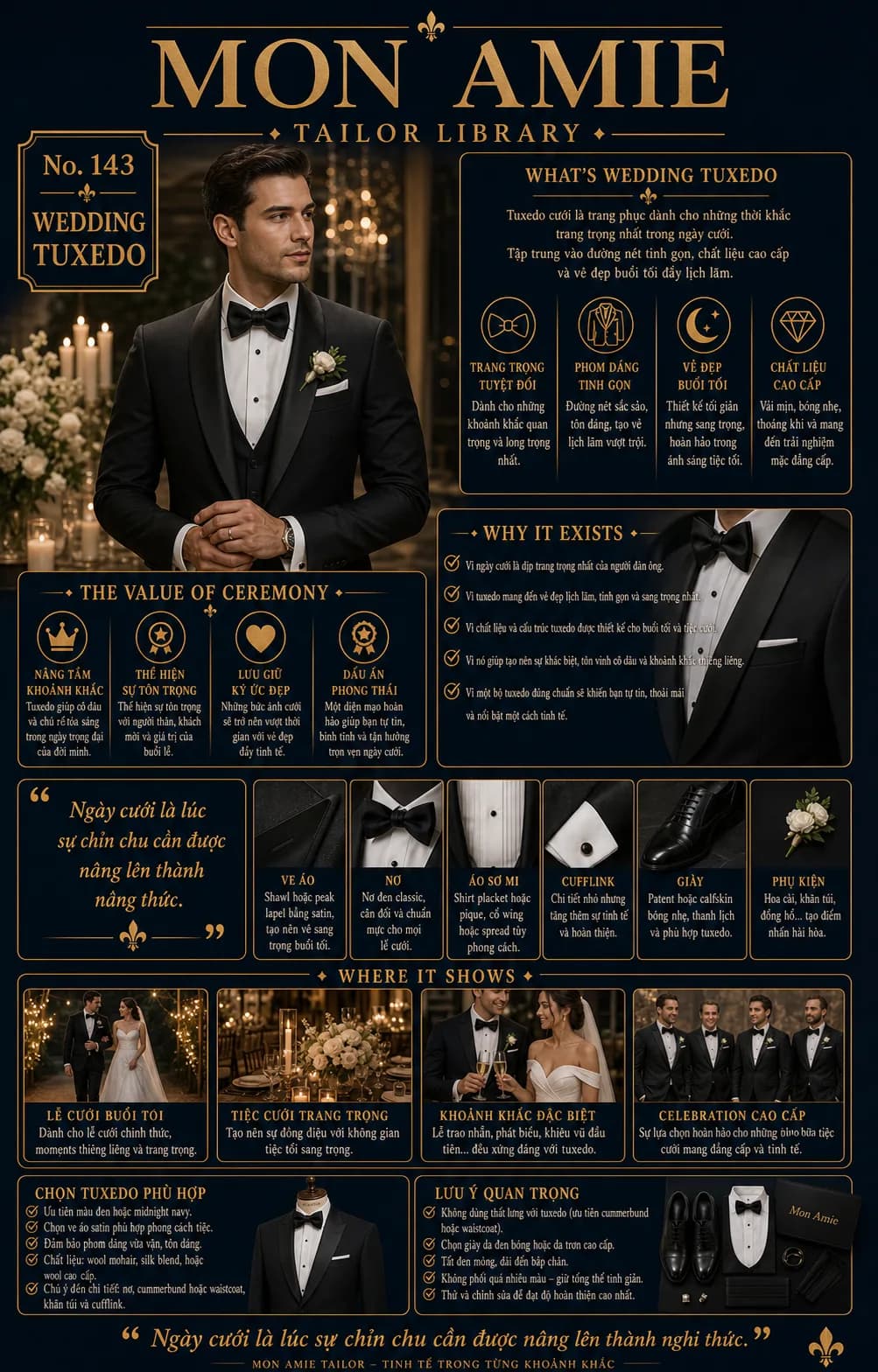Poster Tailor Library số 143 của Mon Amie về Wedding Tuxedo: chú rể mặc tuxedo đen ve satin, nơ đen giữa không gian tiệc tối nến vàng