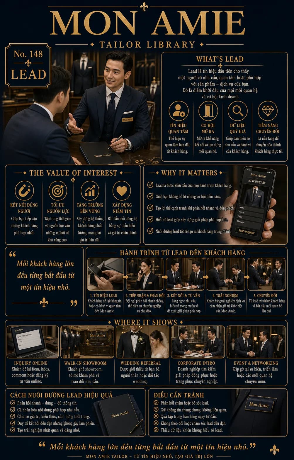 Poster Tailor Library số 148 của Mon Amie về Lead: tư vấn viên tiếp khách và điện thoại hiển thị yêu cầu tư vấn mới